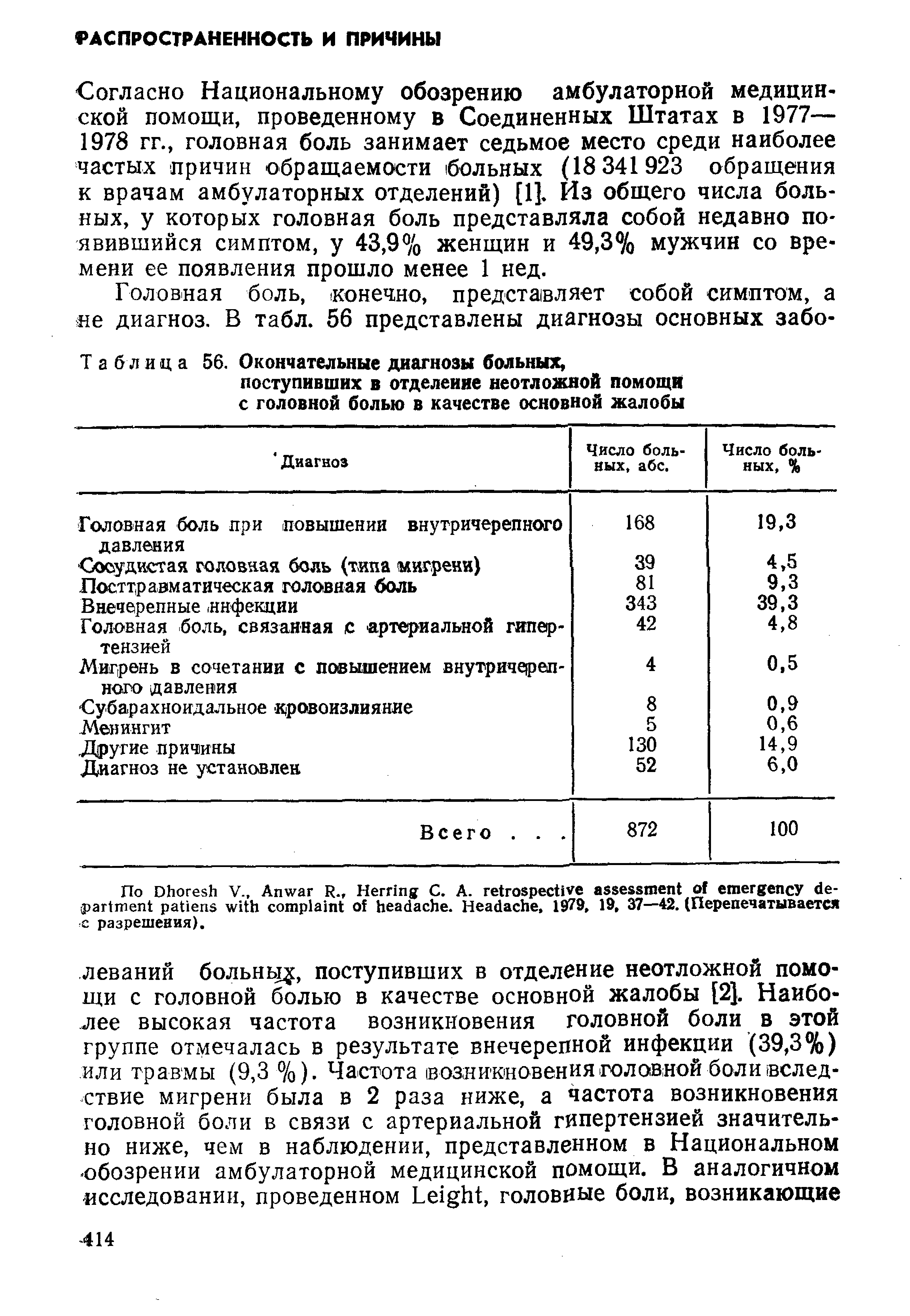 Таблица 56. Окончательные диагнозы больных, поступивших в отделение неотложной помощи с головной болью в качестве основной жалобы...