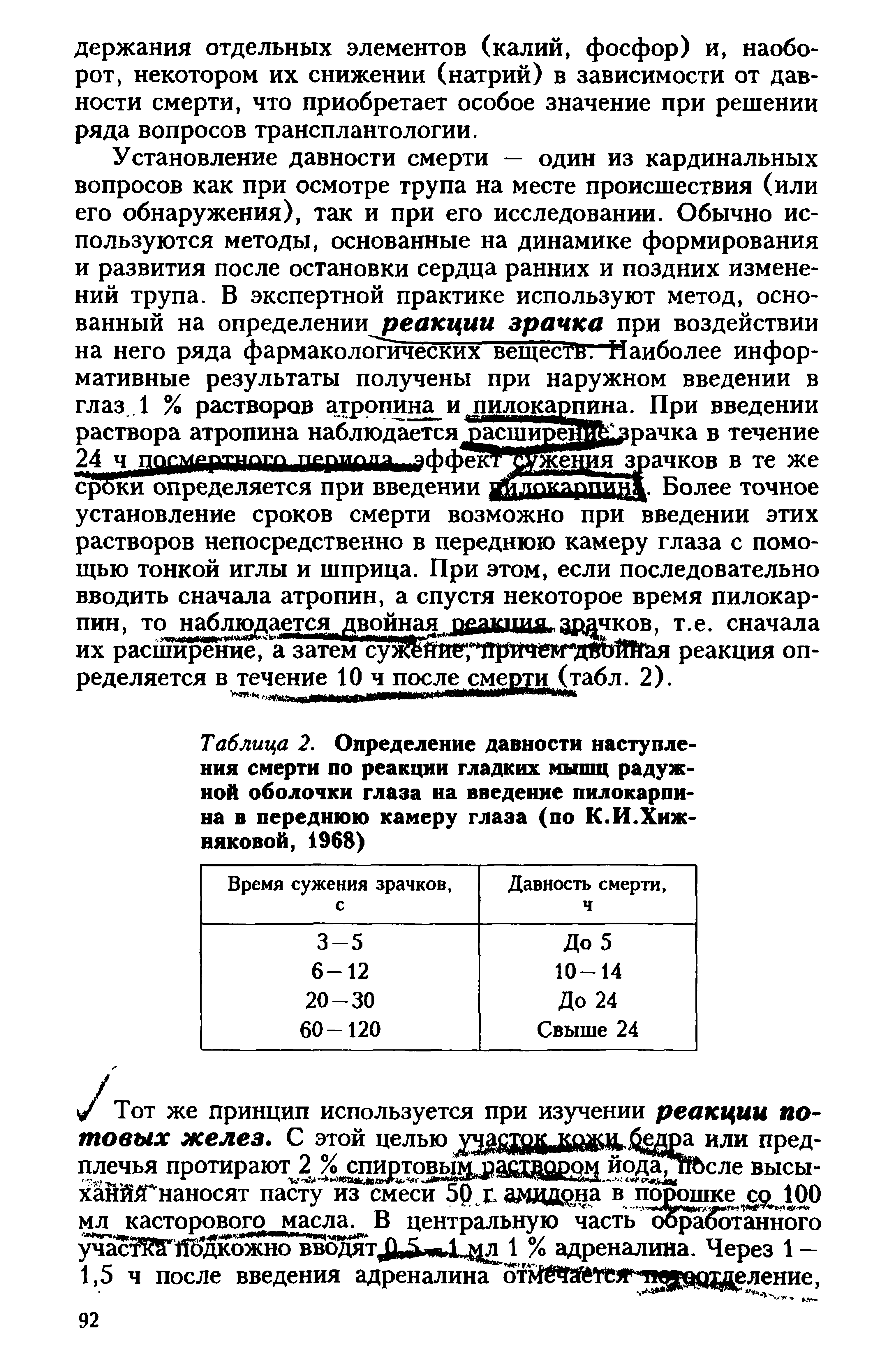 Таблица 2. Определение давности наступления смерти по реакции гладких мышц радужной оболочки глаза на введение пилокарпина в переднюю камеру глаза (по К.И.Хижняковой, 1968)...