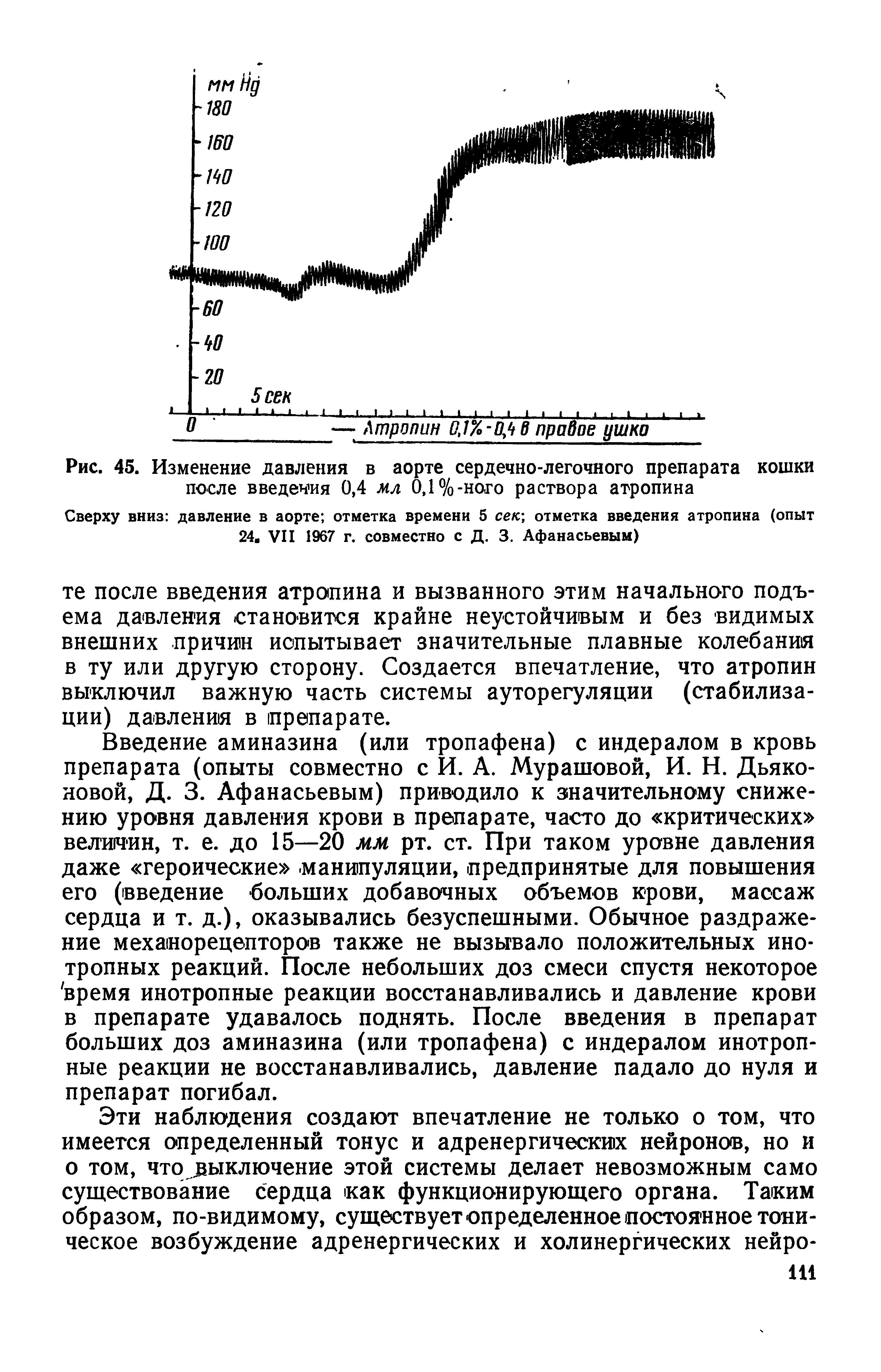 Рис. 45. Изменение давления в аорте сердечно-легочного препарата кошки после введения 0,4 мл 0,1%-ного раствора атропина...