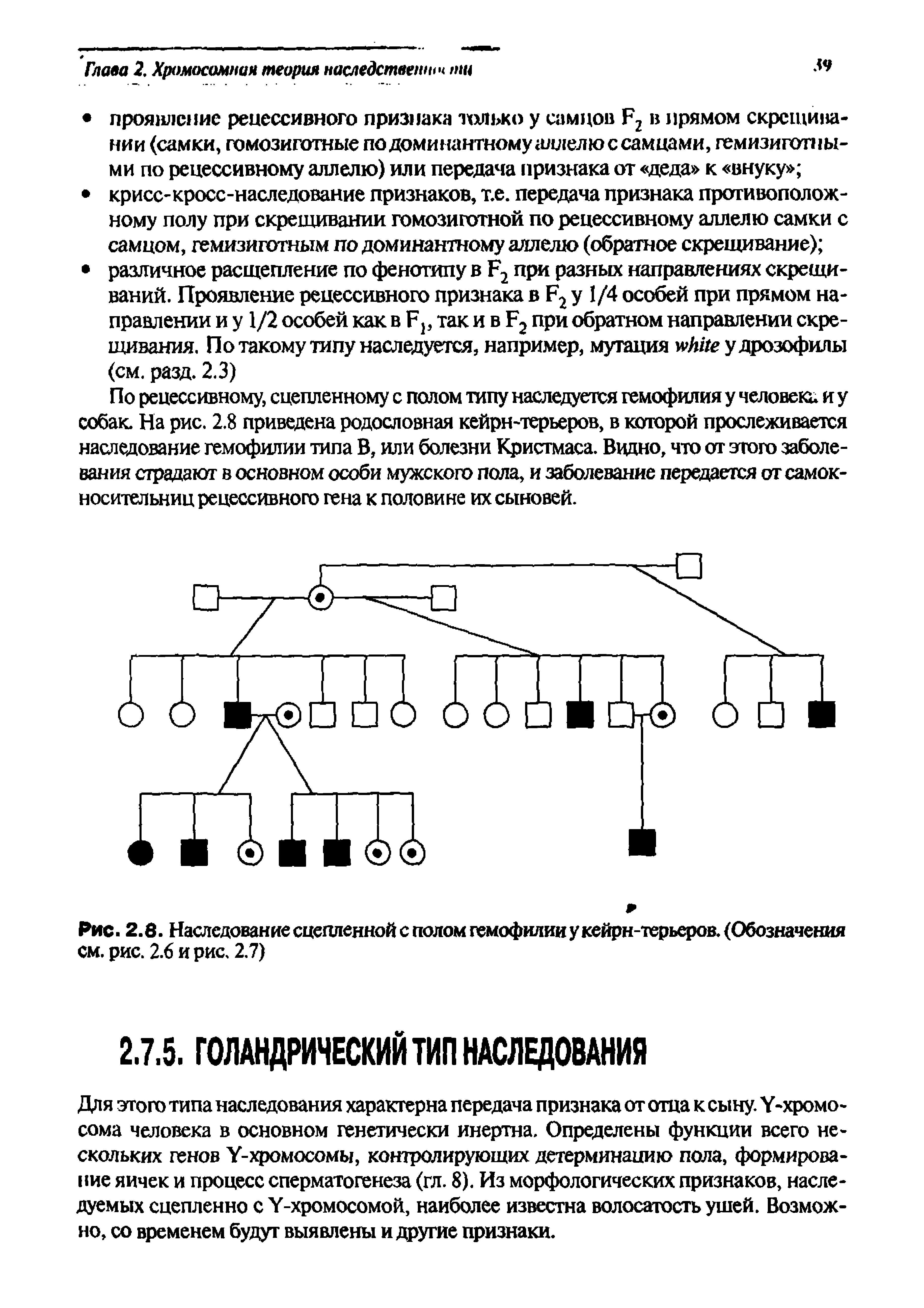 Рис. 2.8. Наследование сцепленной с полом гемофилии у кейрн-терьеров. (Обозначения см. рис. 2.6 и рис. 2.7)...