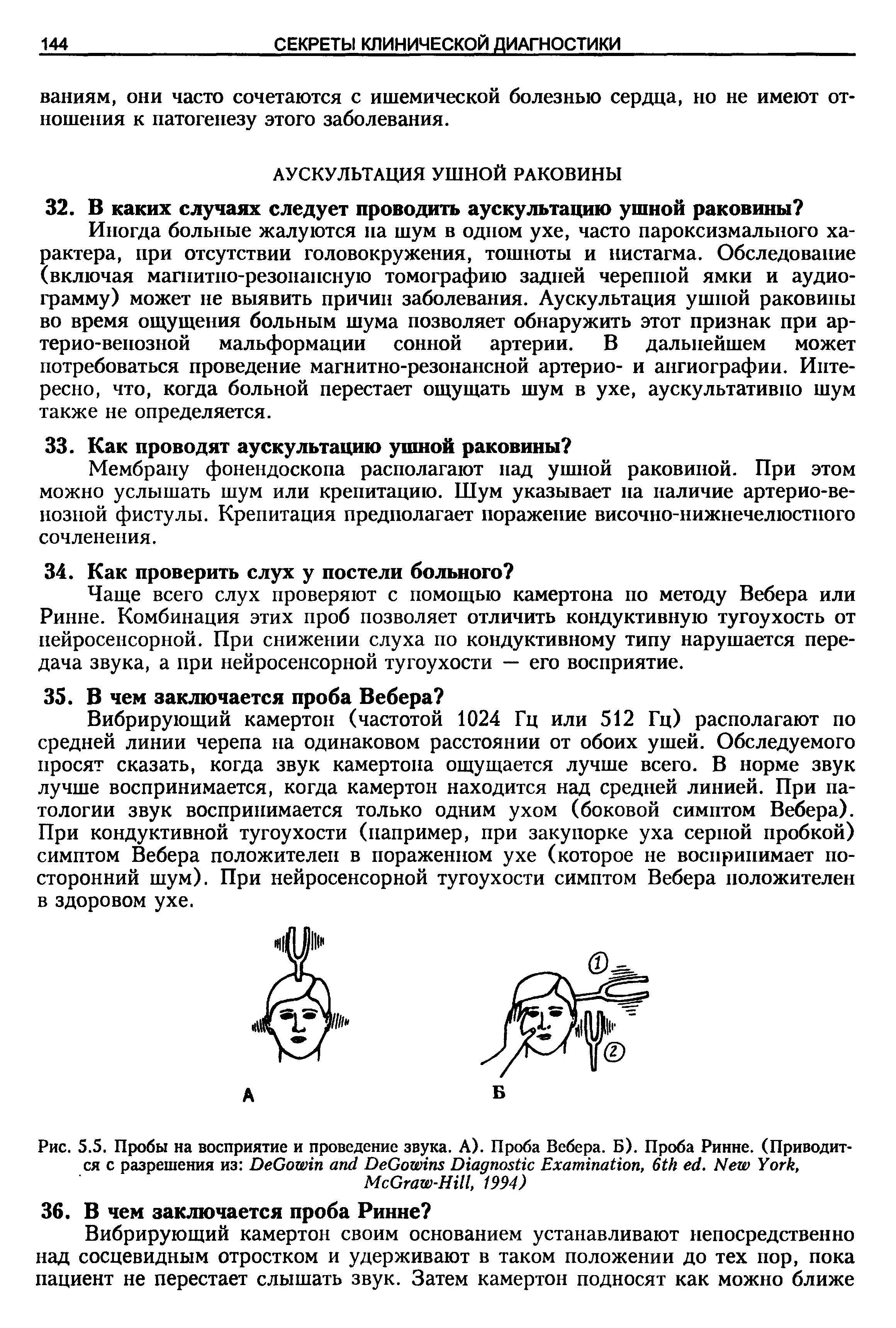 Рис. 5.5. Пробы на восприятие и проведение звука. А). Проба Вебера. Б). Проба Ринне. (Приводится с разрешения из D G . D G D E , 6 . N Y , M G -H , 1994)...