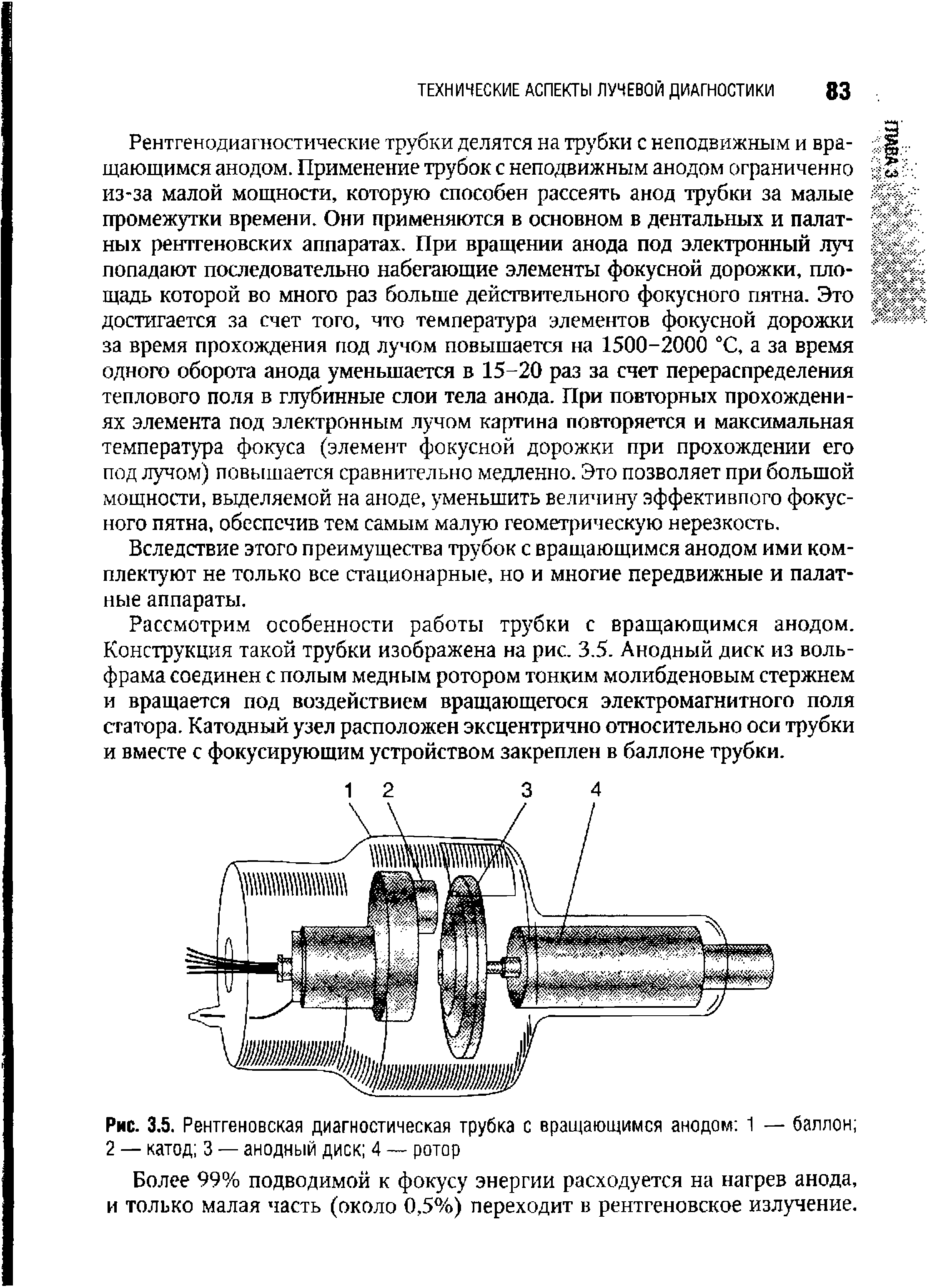 Рис. 3.5. Рентгеновская диагностическая трубка с вращающимся анодом 1 — баллон 2 — катод 3 — анодный диск 4 — ротор...