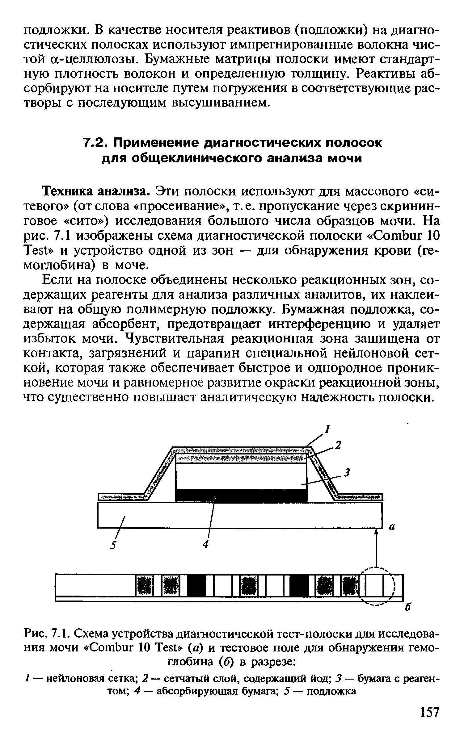 Рис. 7.1. Схема устройства диагностической тест-полоски для исследования мочи C 10 T (а) и тестовое поле для обнаружения гемоглобина (6) в разрезе ...