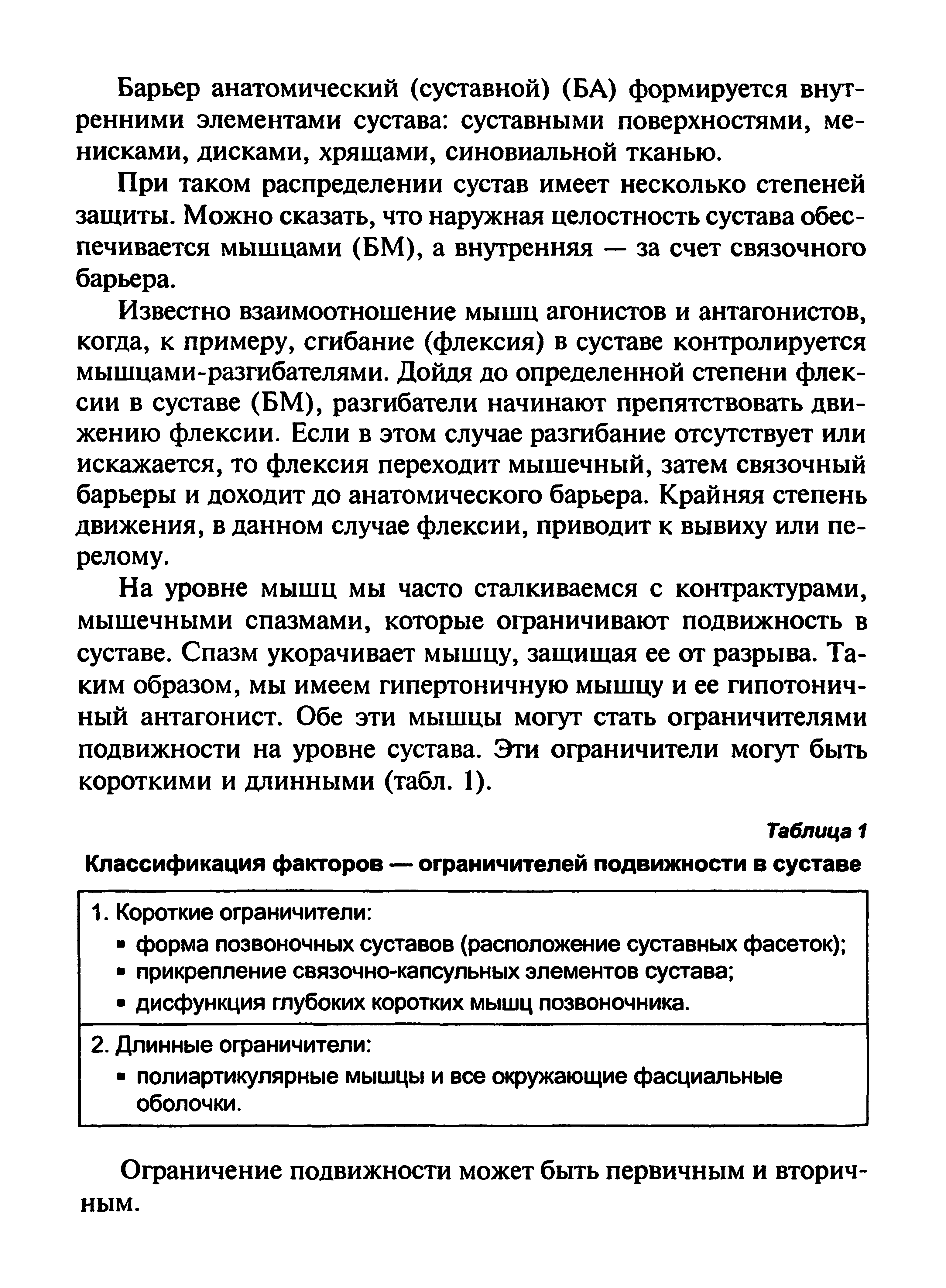 Таблица 1 Классификация факторов — ограничителей подвижности в суставе...