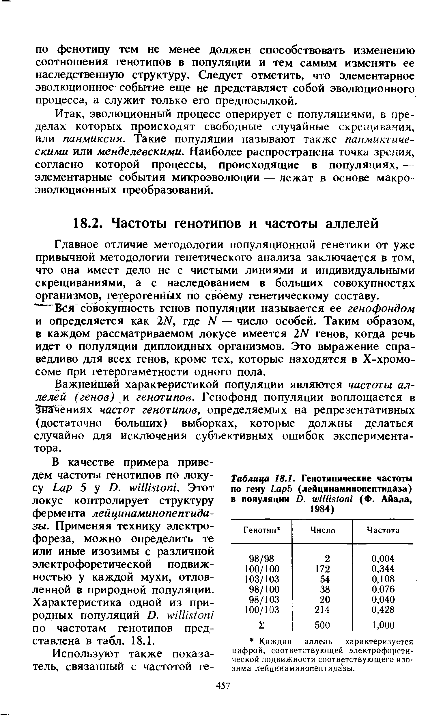 Таблица 18.1. Генотипические частоты по гену L 5 (лейцинаминопептидаза) в популяции D. (Ф. Айала,...