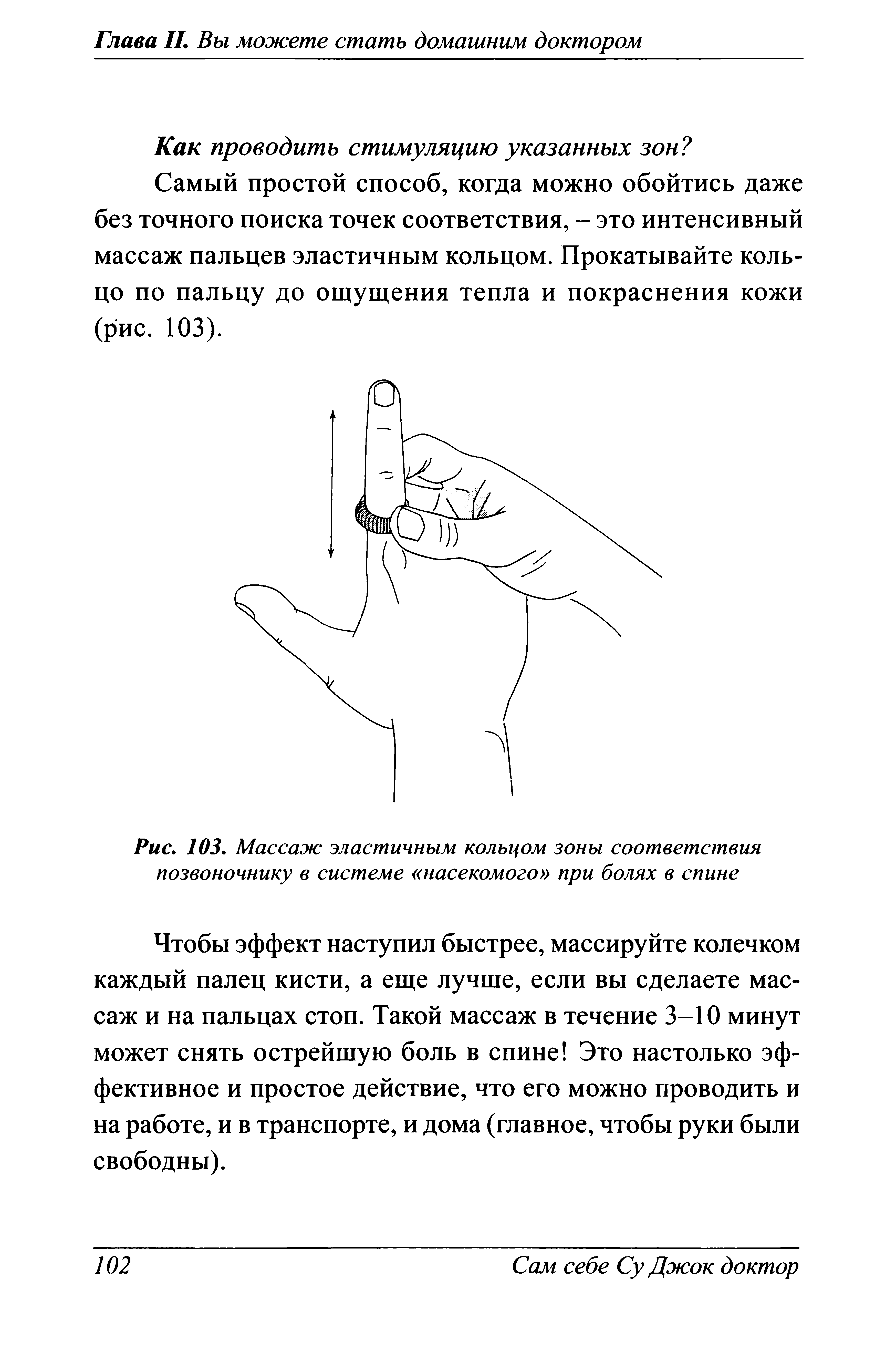 Рис. 103. Массаж эластичным кольцом зоны соответствия позвоночнику в системе насекомого при болях в спине...