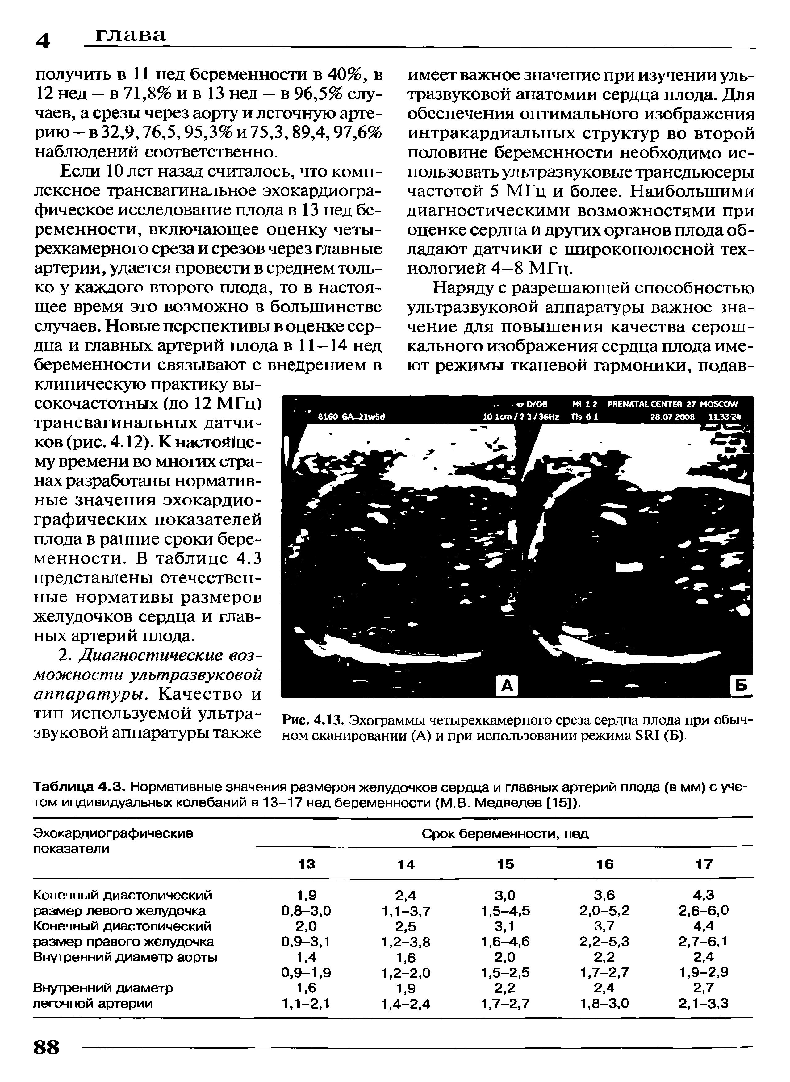 Таблица 4.3. Нормативные значения размеров желудочков сердца и главных артерий плода (в мм) с учетом индивидуальных колебаний в 13-17 нед беременности (М.В. Медведев [15]).