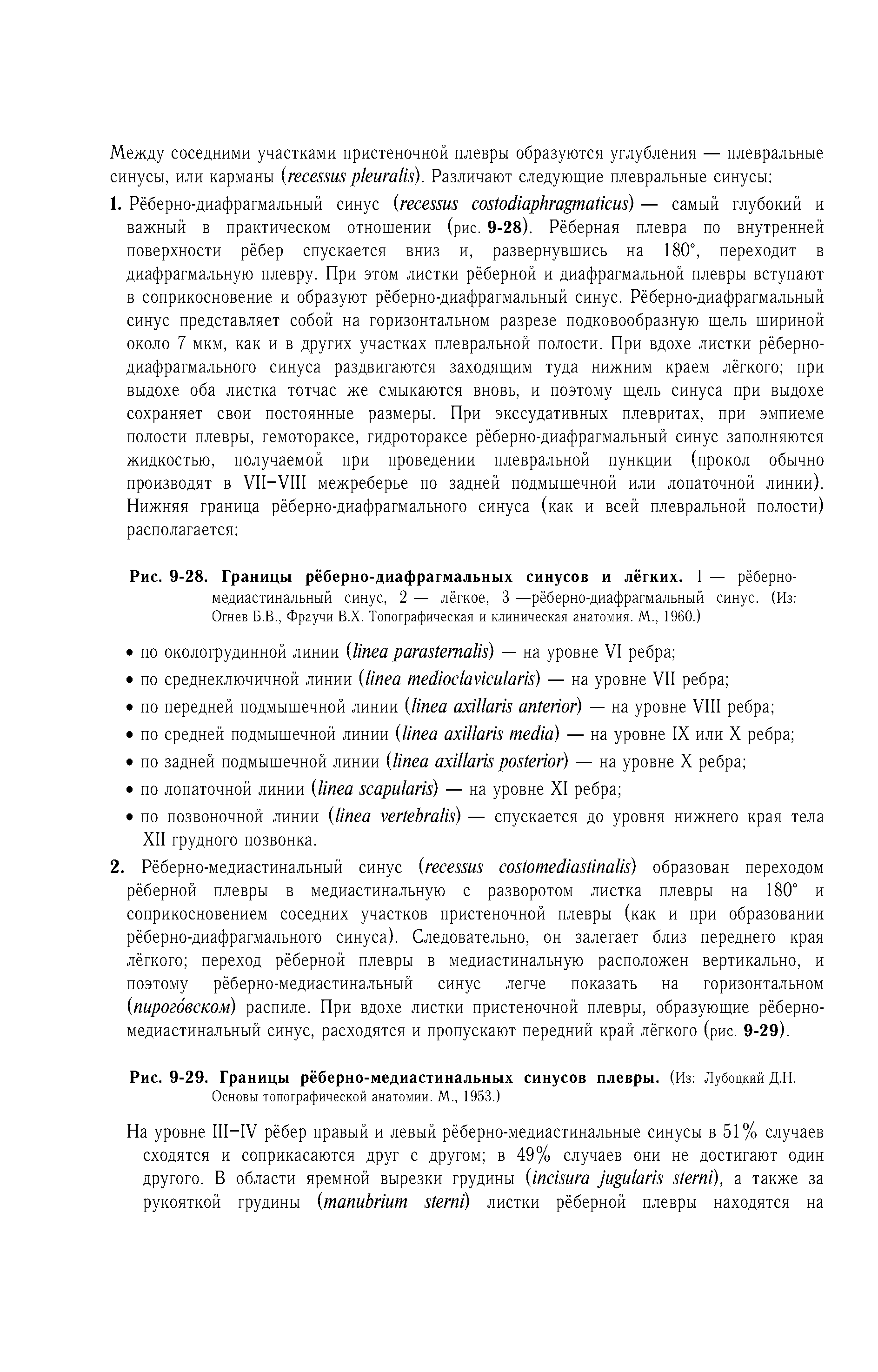 Рис. 9-29. Границы рёберно-медиастинальных синусов плевры. (Из Лубоцкий Д.Н.