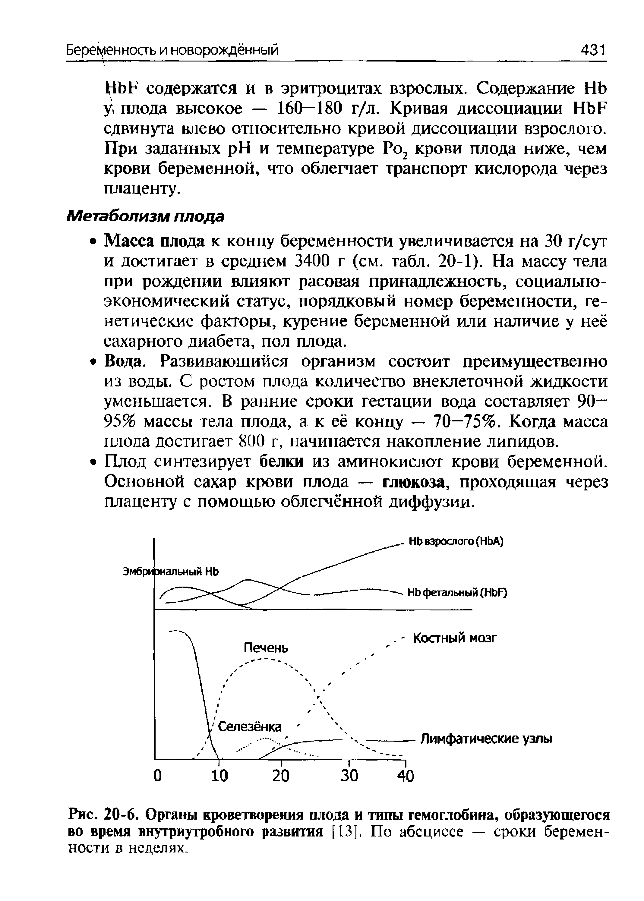 Рис. 20-6. Органы кроветворения плода и типы гемоглобина, образующегося во время внутриутробного развития [13]. По абсциссе — сроки беременности в неделях.