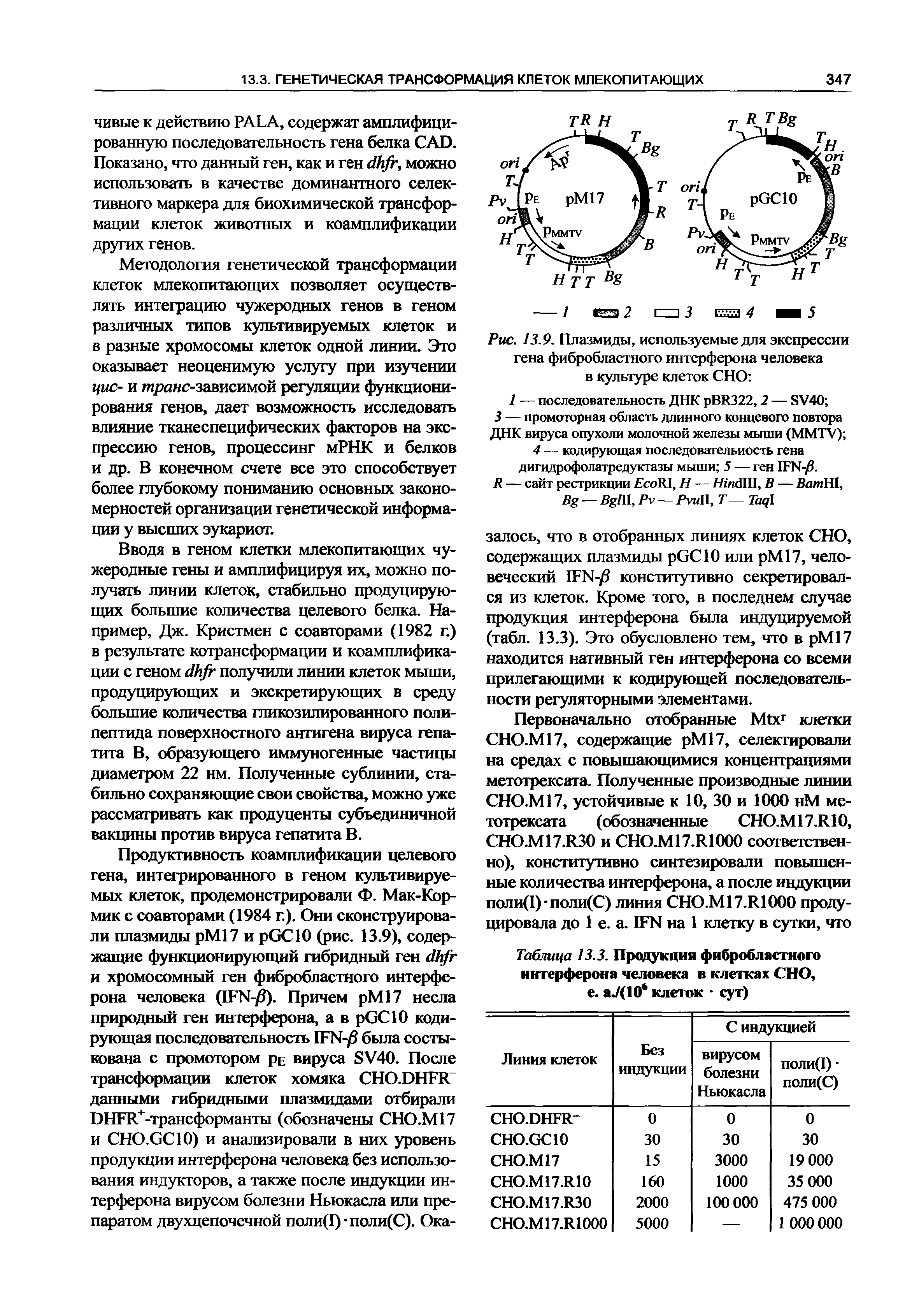 Рис. 13.9. Плазмиды, используемые для экспрессии гена фибробластного интерферона человека в культуре клеток СНО ...