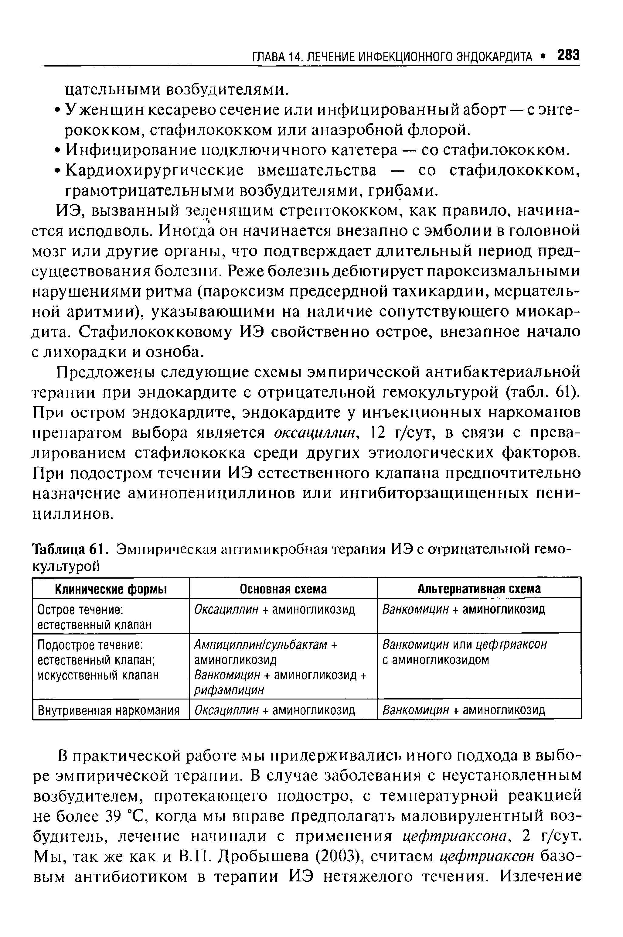 Таблица 61. Эмпирическая антимикробная терапия ИЭ с отрицательной гемокультурой...