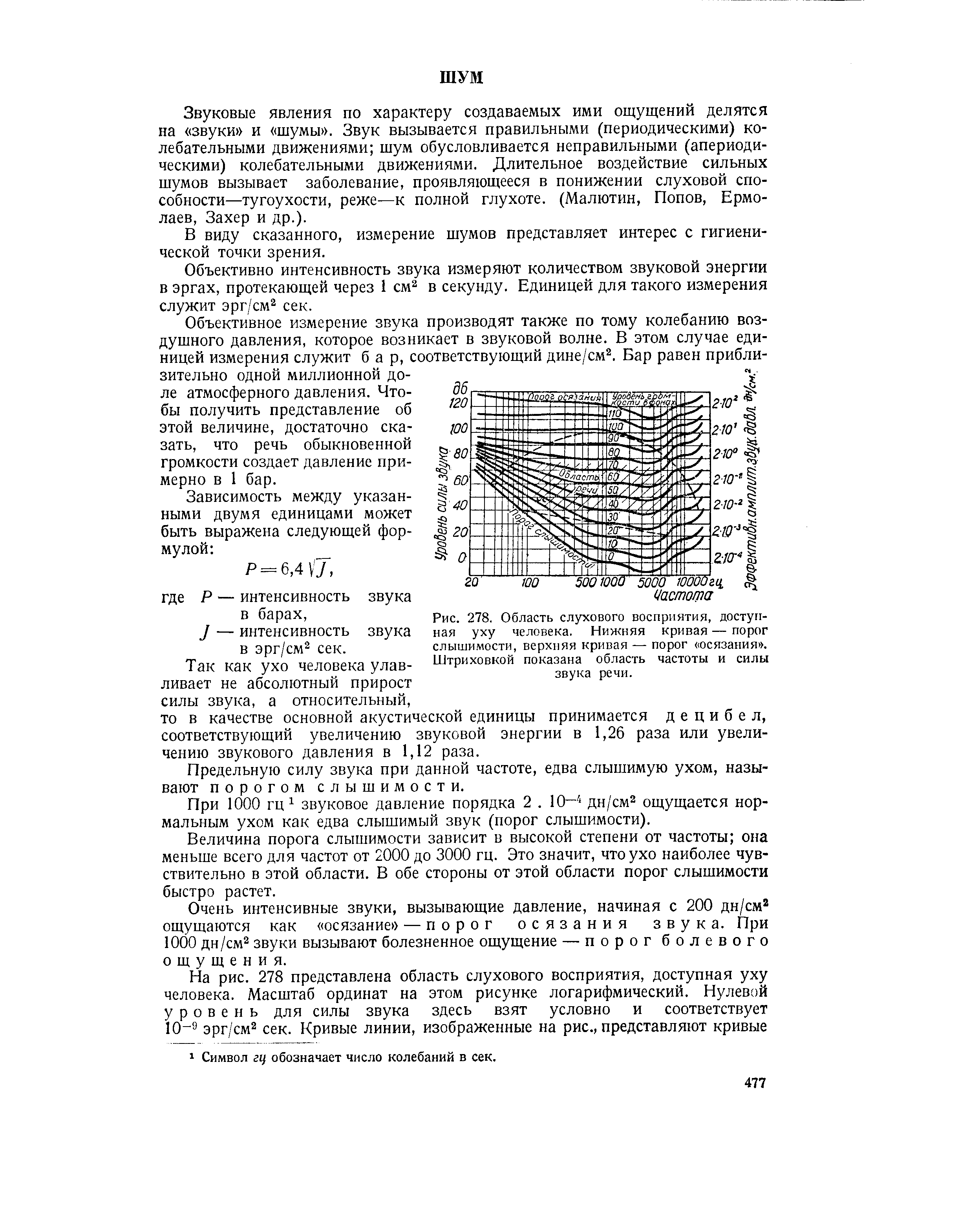 Рис. 278. Область слухового восприятия, доступная уху человека. Нижняя кривая — порог слышимости, верхняя кривая — порог осязания . Штриховкой показана область частоты и силы звука речи.