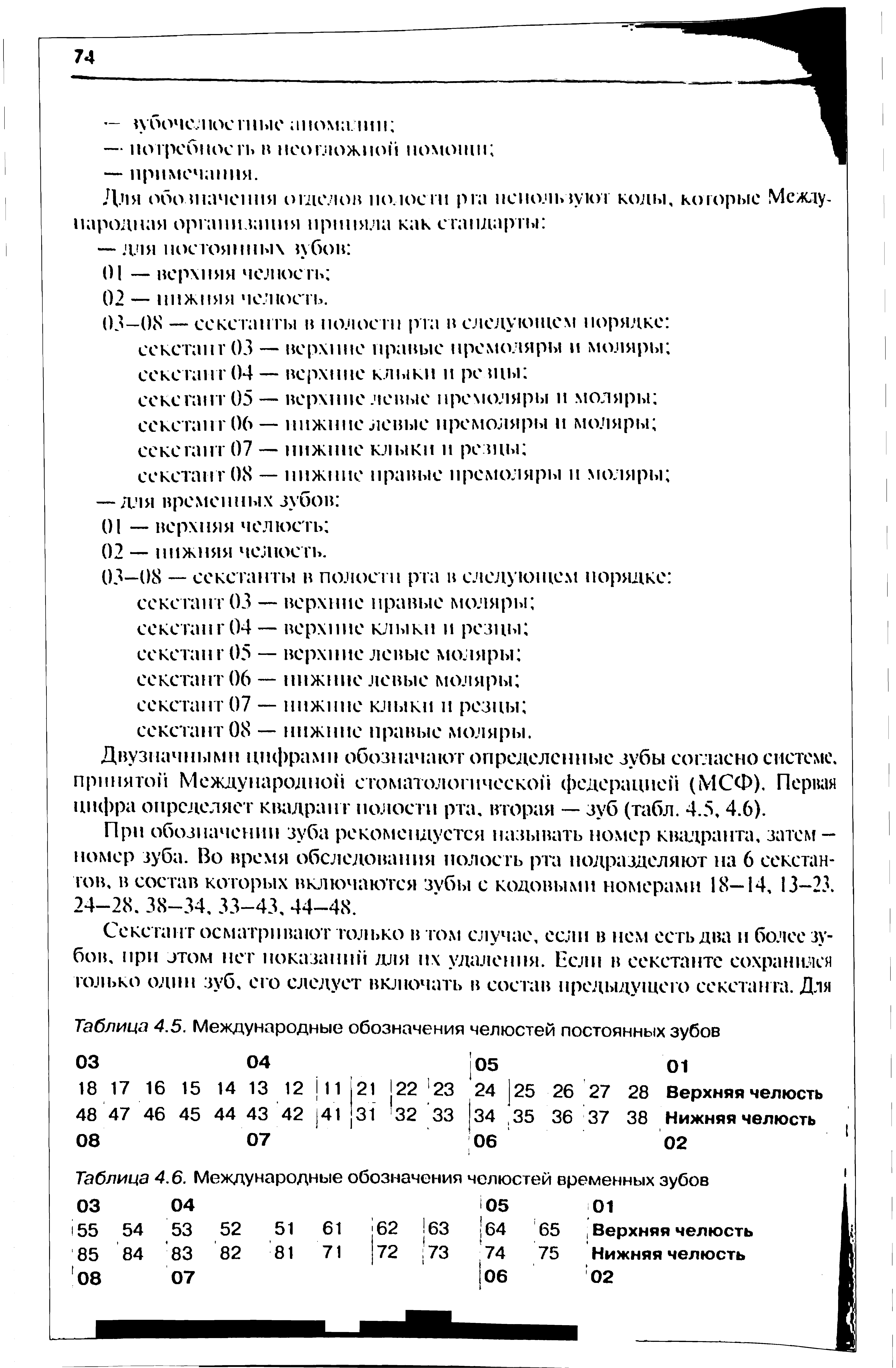 Таблица 4.5. Международные обозначения челюстей постоянных зубов...