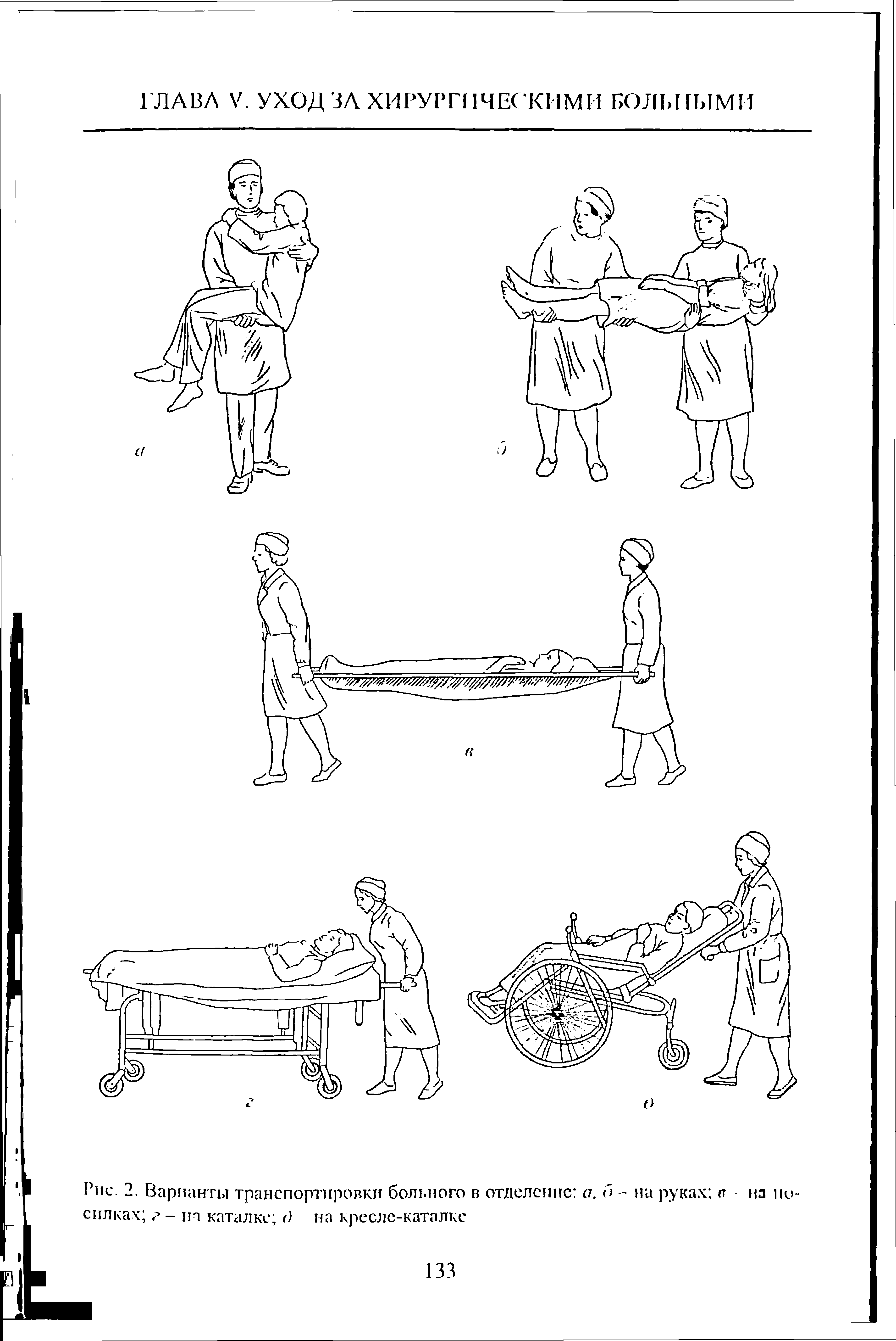 Рис. 2. Варианты транспортировки больного в отделение а. 6 - на руках ет из иосилках г - на каталке г) на кресле-каталке...