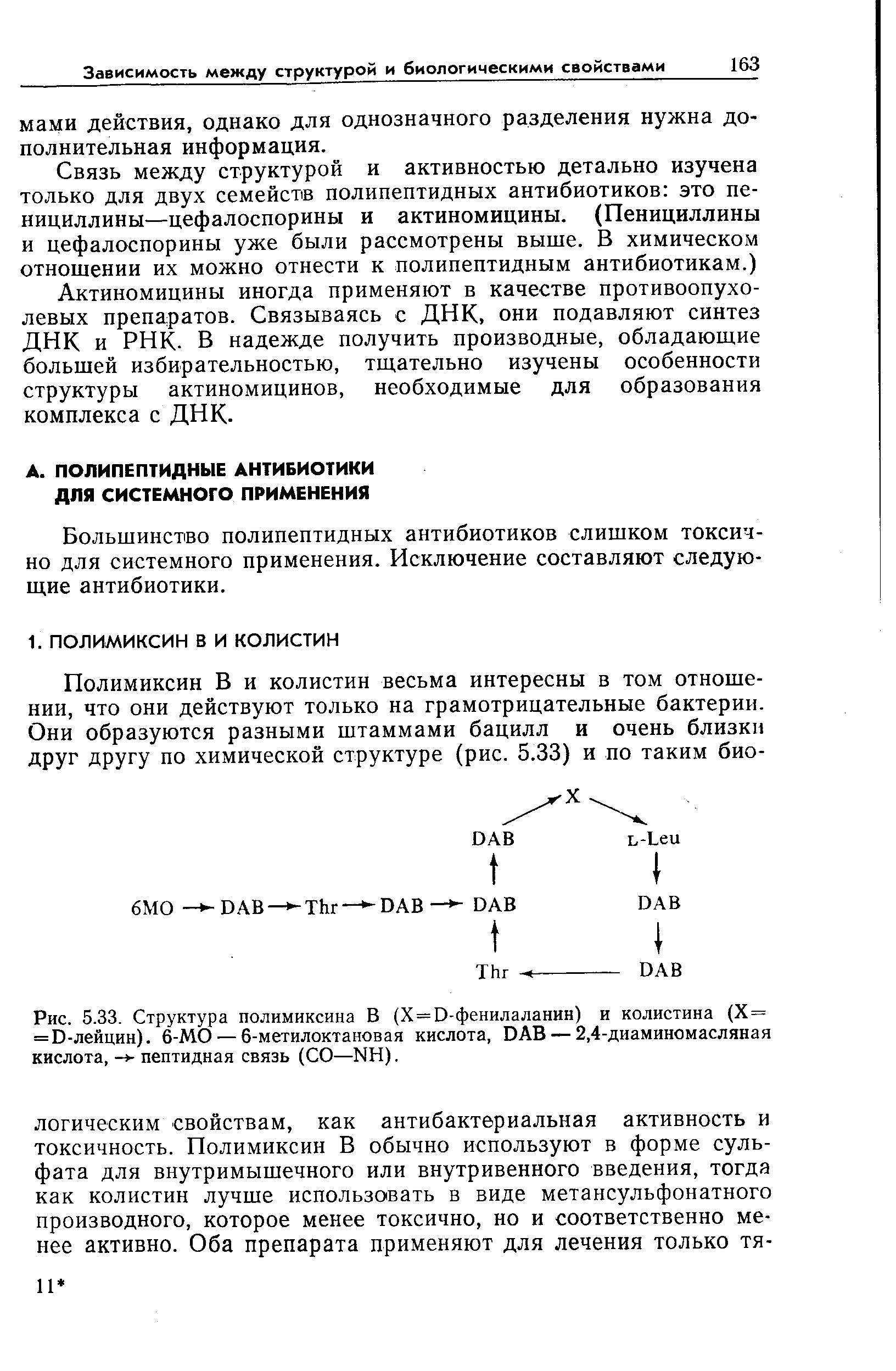 Рис. 5.33. Структура полимиксина В (Х=В-фенилаланин) и колистина (Х= = В-лейцин). 6-МО — 6-метилоктановая кислота, ВАВ — 2,4-диаминомасляная кислота, -+ пептидная связь (СО—N11).