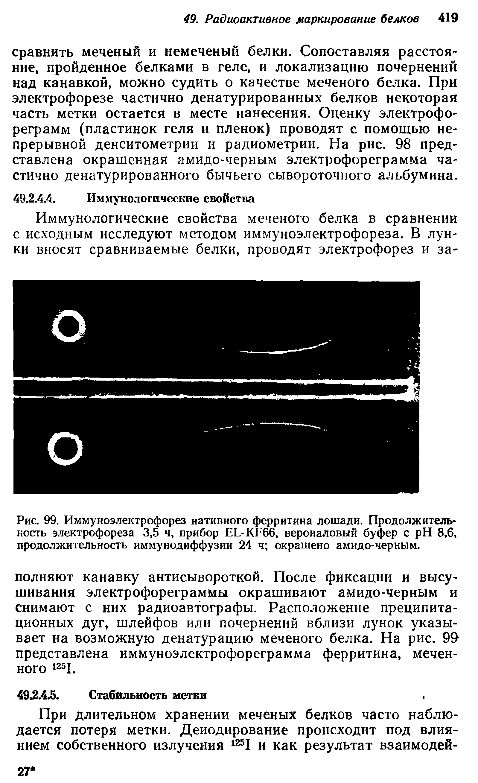 Рис. 99. Иммуноэлектрофорез нативного ферритина лошади. Продолжительность электрофореза 3,5 ч, прибор ЕЬ-КРбб, вероналовый буфер с H 8,6, продолжительность иммунодиффузии 24 ч окрашено амидо-черным.