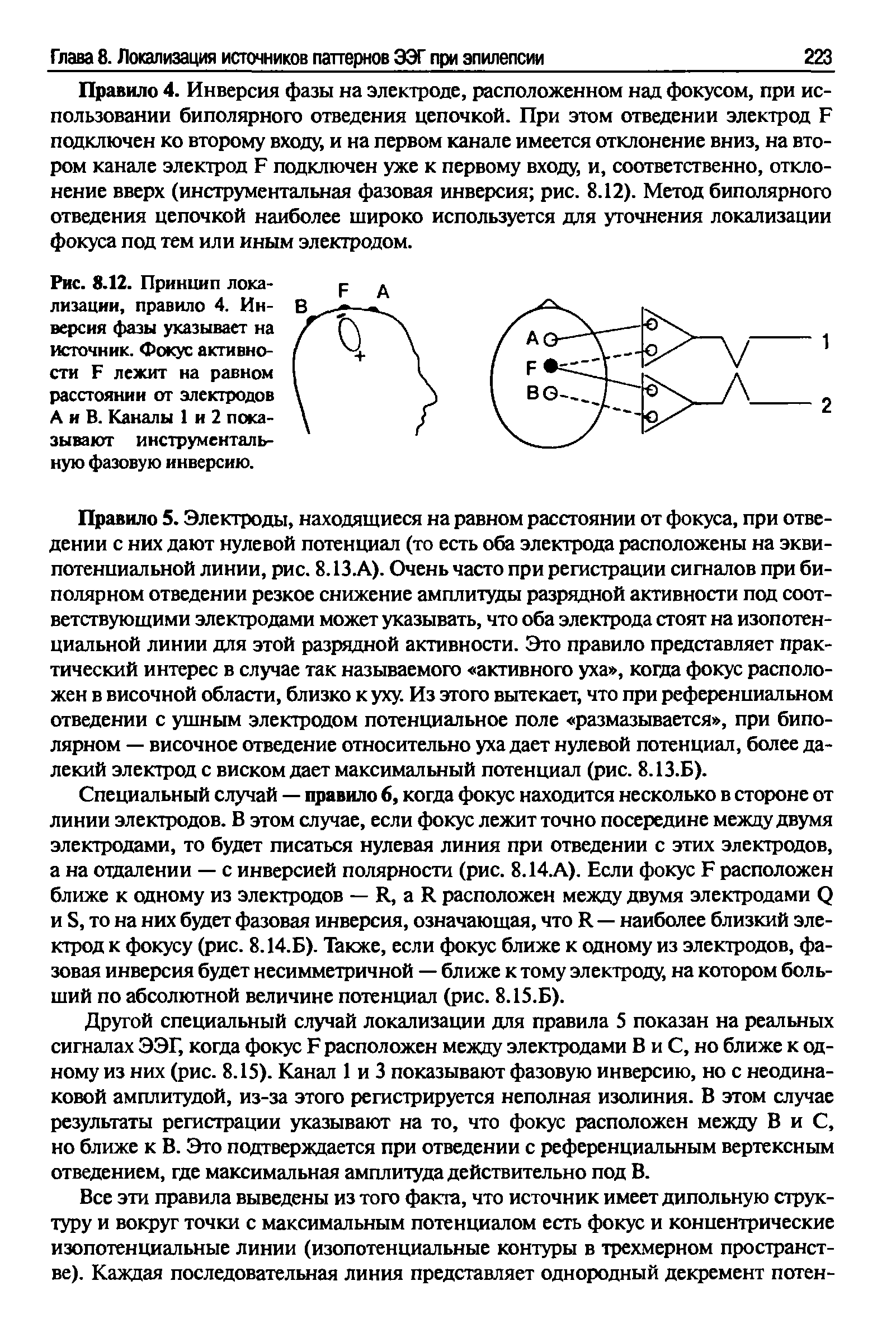 Рис. 8.12. Принцип локализации, правило 4. Инверсия фазы указывает на источник. Фокус активности Г лежит на равном расстоянии от электродов А и В. Каналы 1 и 2 показывают инструментальную фазовую инверсию.