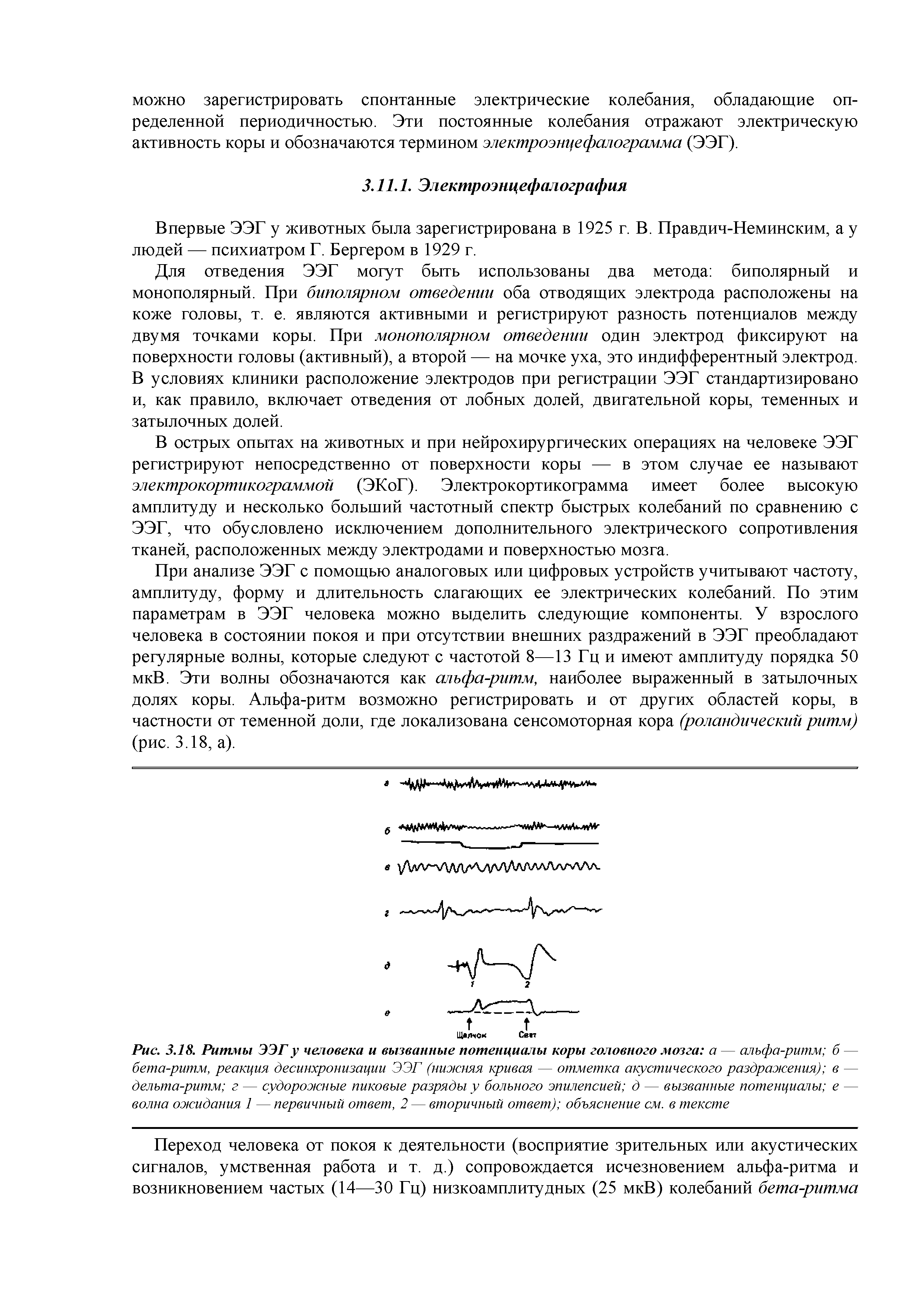 Рис. 3.18. Ритмы ЭЭГ у человека и вызванные потенциалы коры головного мозга а — альфа-ритм б — бета-ритм, реакция десинхронизации ЭЭГ (нижняя кривая — отметка акустического раздражения) в — дельта-ритм г — судорожные пиковые разряды у больного эпилепсией д — вызванные потенциалы е — волна ожидания 1 — первичный ответ, 2 — вторичный ответ) объяснение см. в тексте...