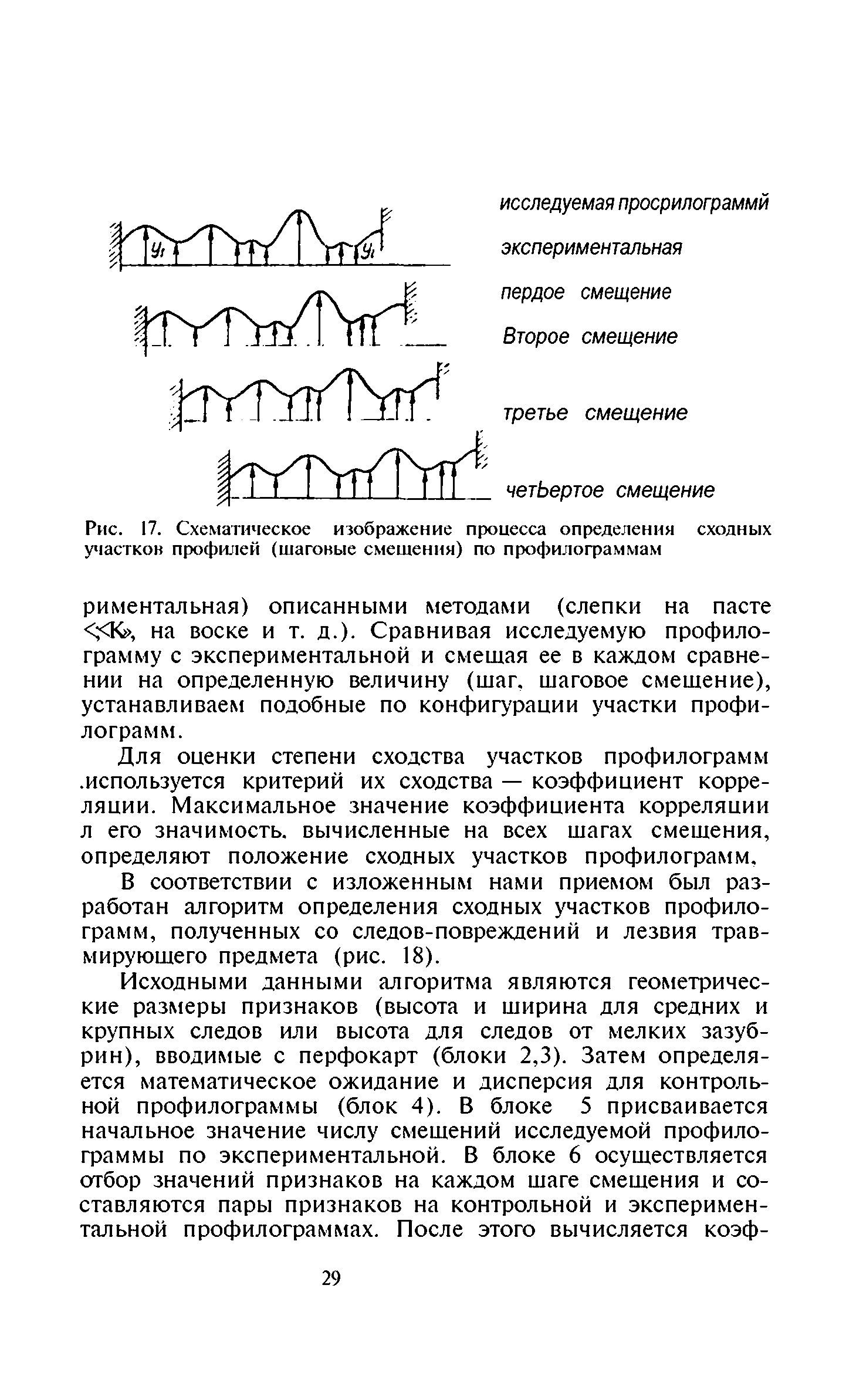 Рис. 17. Схематическое изображение процесса определения сходных участков профилей (шаговые смешения) по профилограммам...