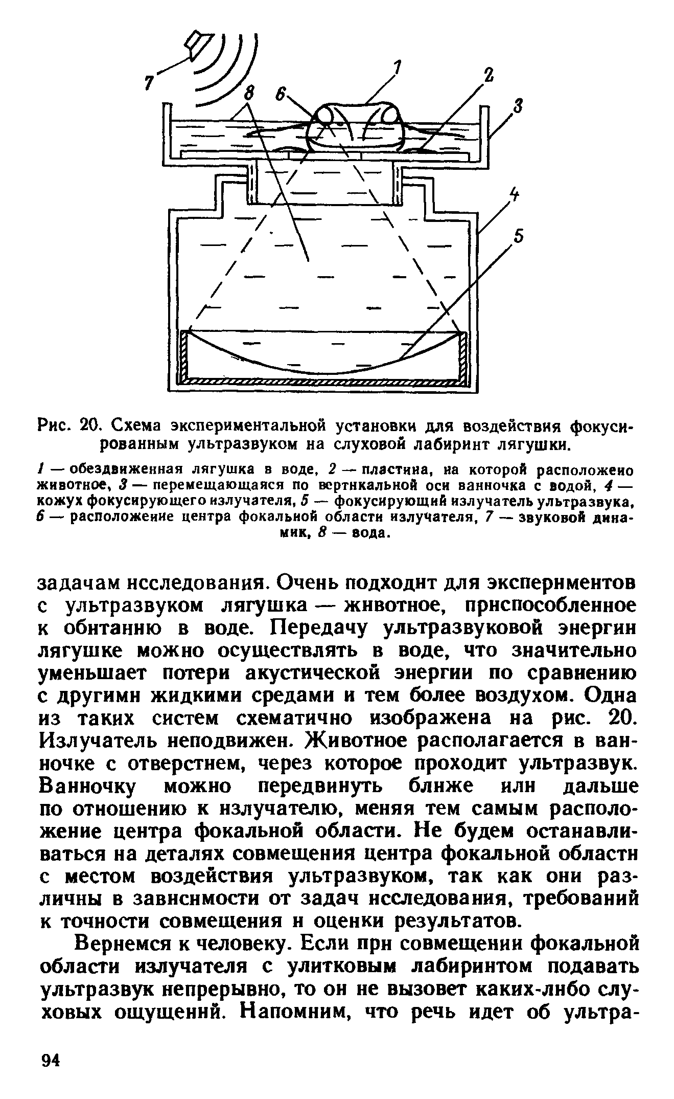 Рис. 20. Схема экспериментальной установки для воздействия фокусированным ультразвуком на слуховой лабиринт лягушки.