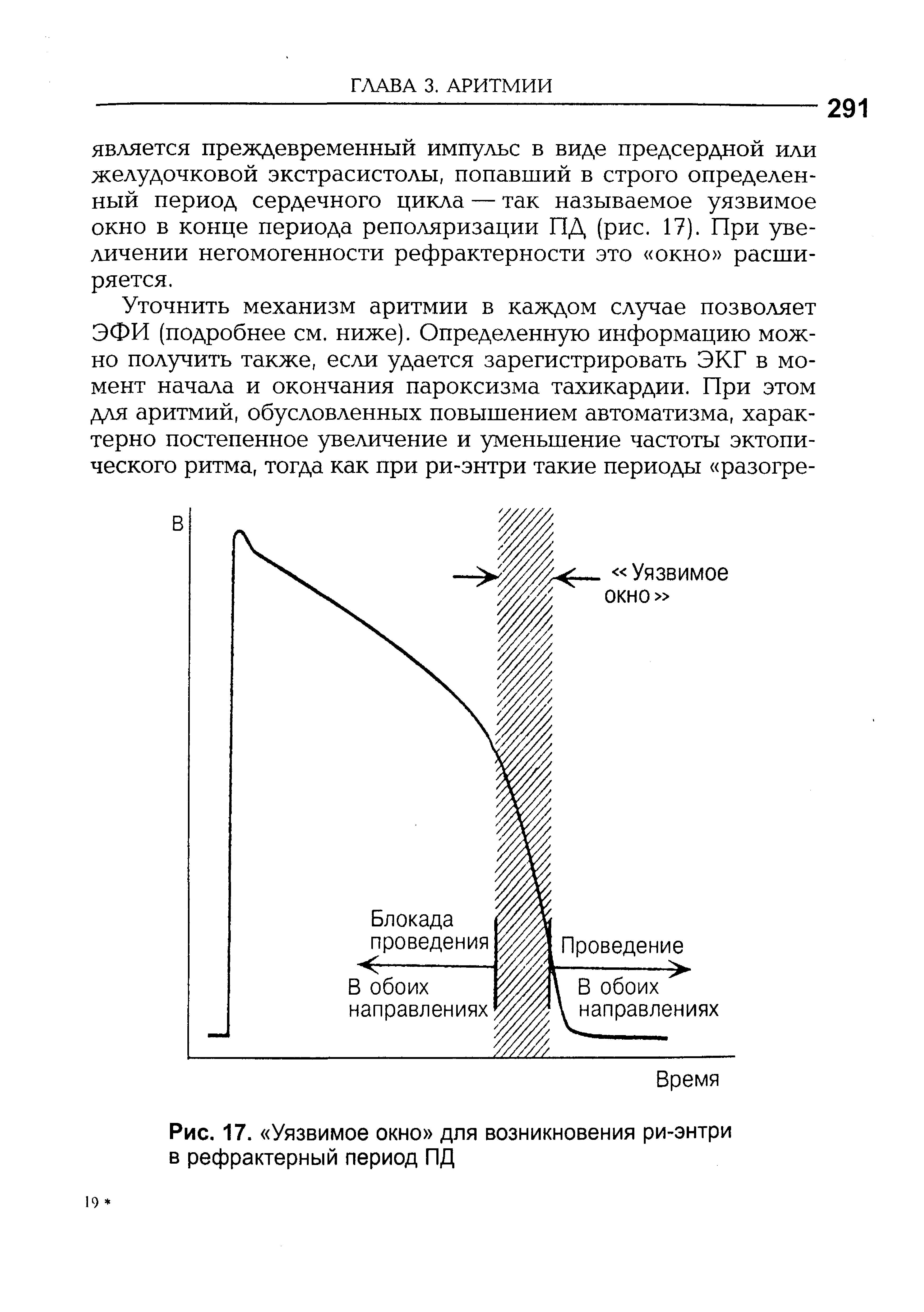 Рис. 17. Уязвимое окно для возникновения ри-энтри в рефрактерный период ПД...