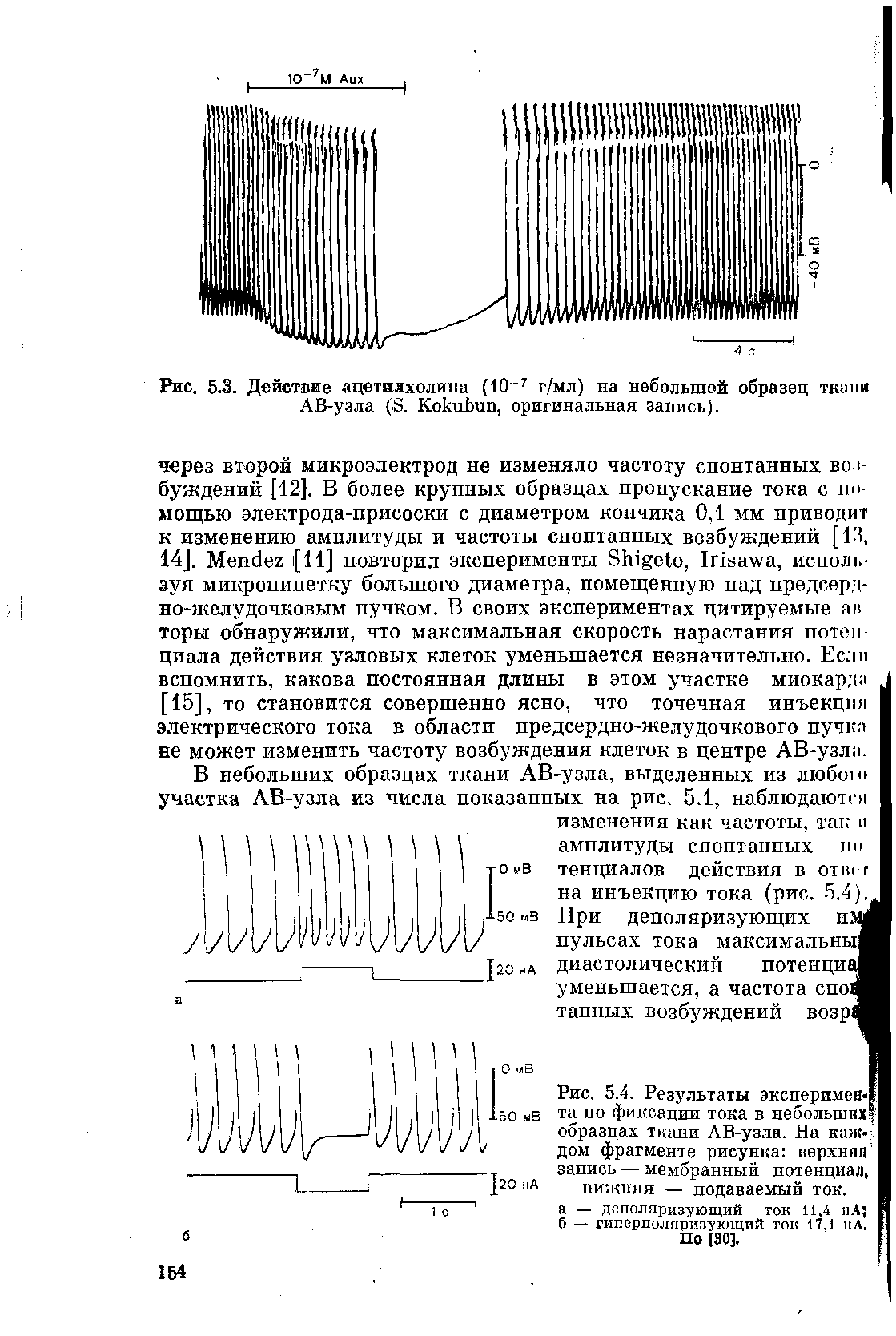 Рис. 5.4. Результаты эксперимен-1 та по фиксации тока в небольших образцах ткани АВ-узла. На каждом фрагменте рисунка верхняя1 запись — мембранный потенциал, нижняя — подаваемый ток.