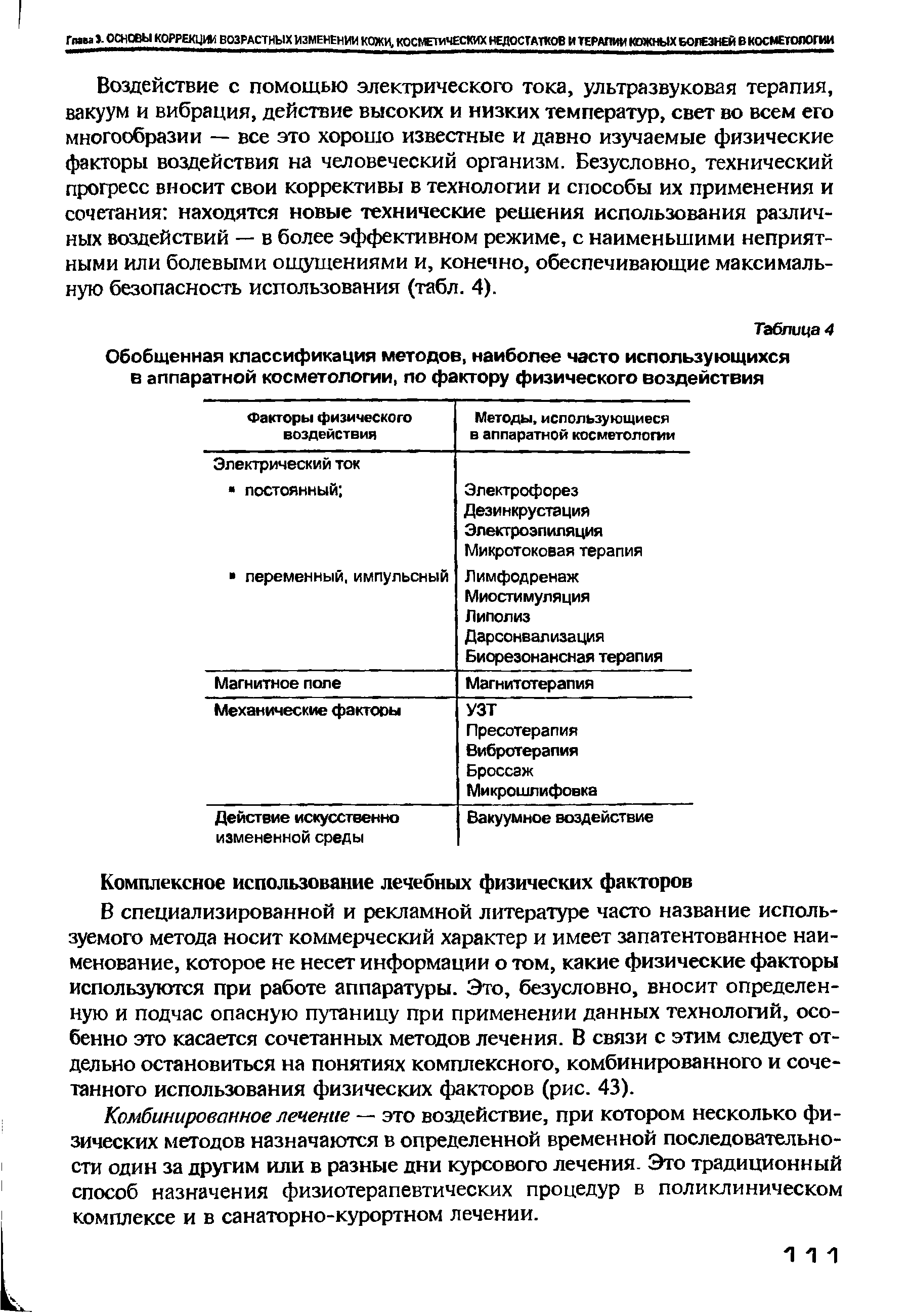 Таблица 4 Обобщенная классификация методов, наиболее часто использующихся в аппаратной косметологии, по фактору физического воздействия...