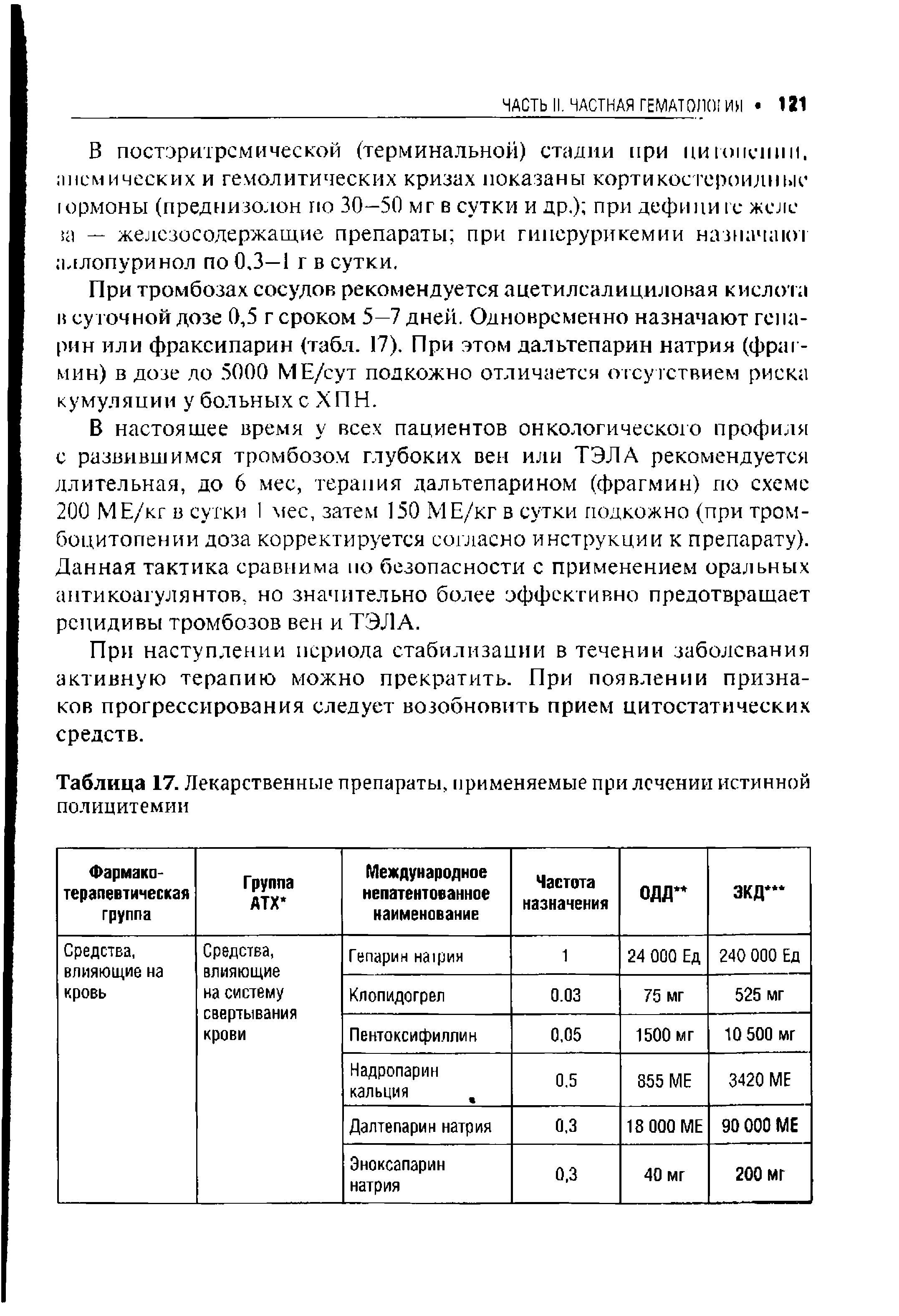 Таблица 17. Лекарственные препараты, применяемые при лечении истинной полицитемии...