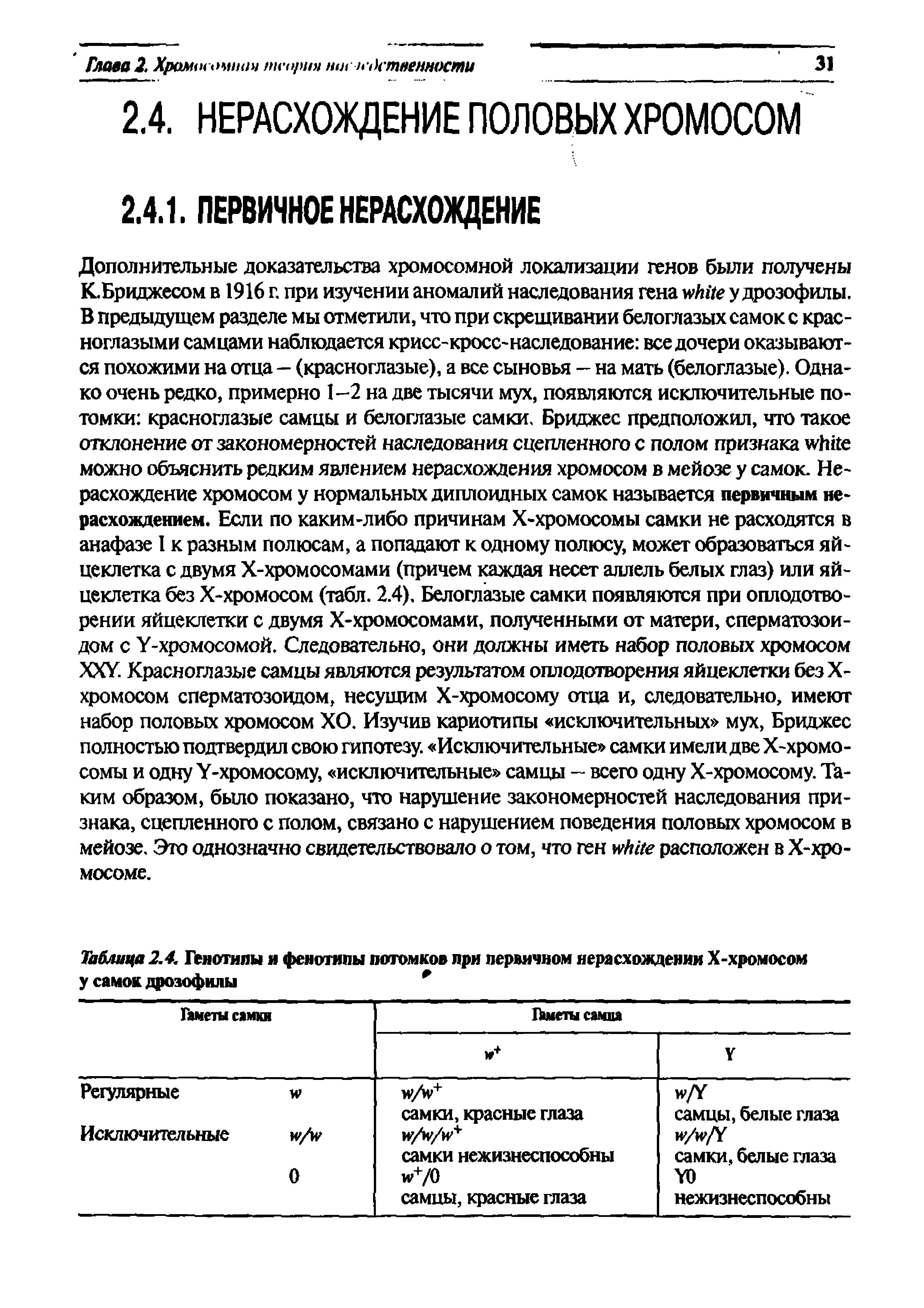 Таблица 2.4. Генотипы и фенотипы потомков при первичном нерасхождении Х-хромосом у самок дрозофилы ...