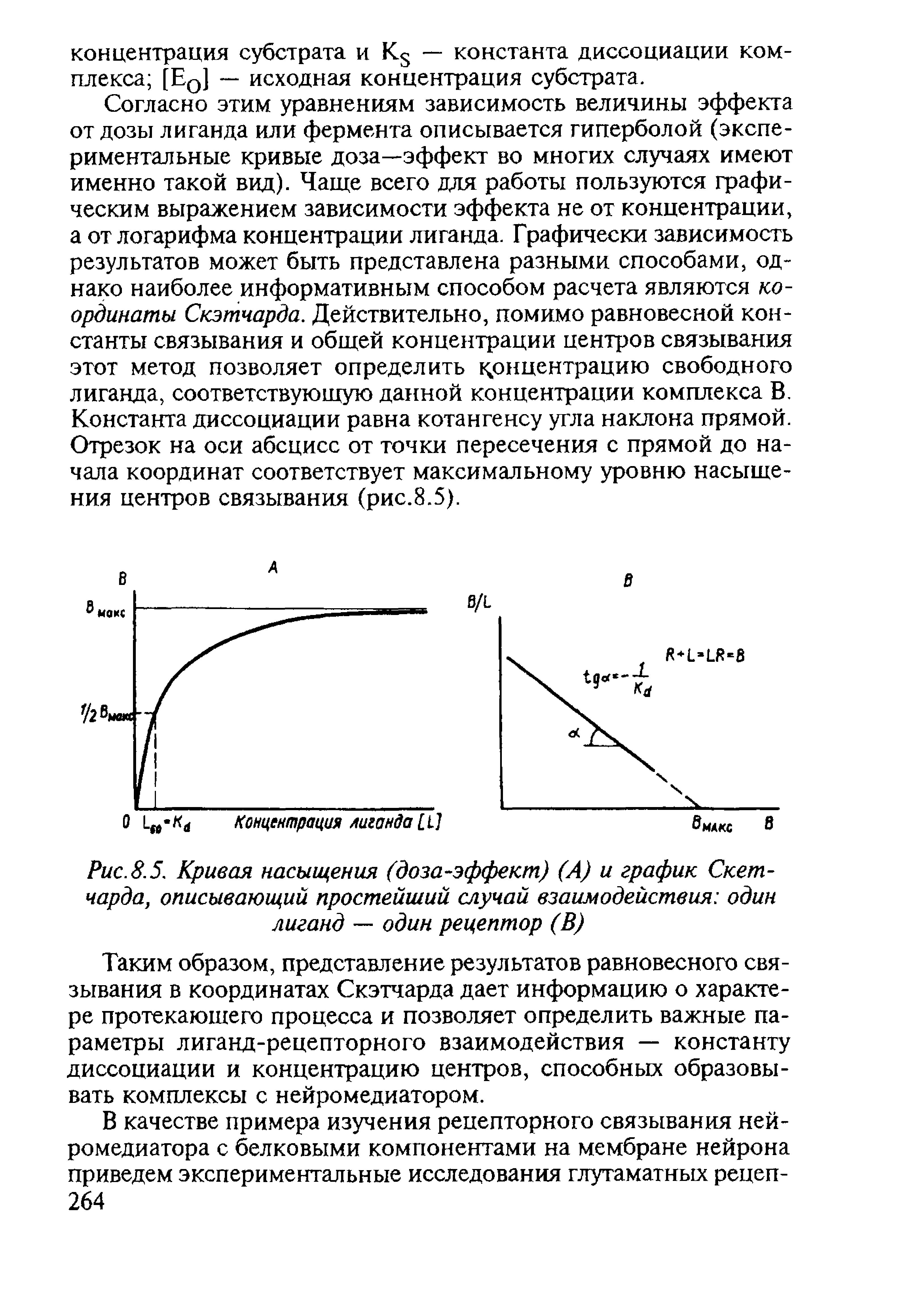 Рис. 8.5. Кривая насыщения (доза-эффект) (А) и график Скет-чарда, описывающий простейший случай взаимодействия один лиганд — один рецептор (В)...