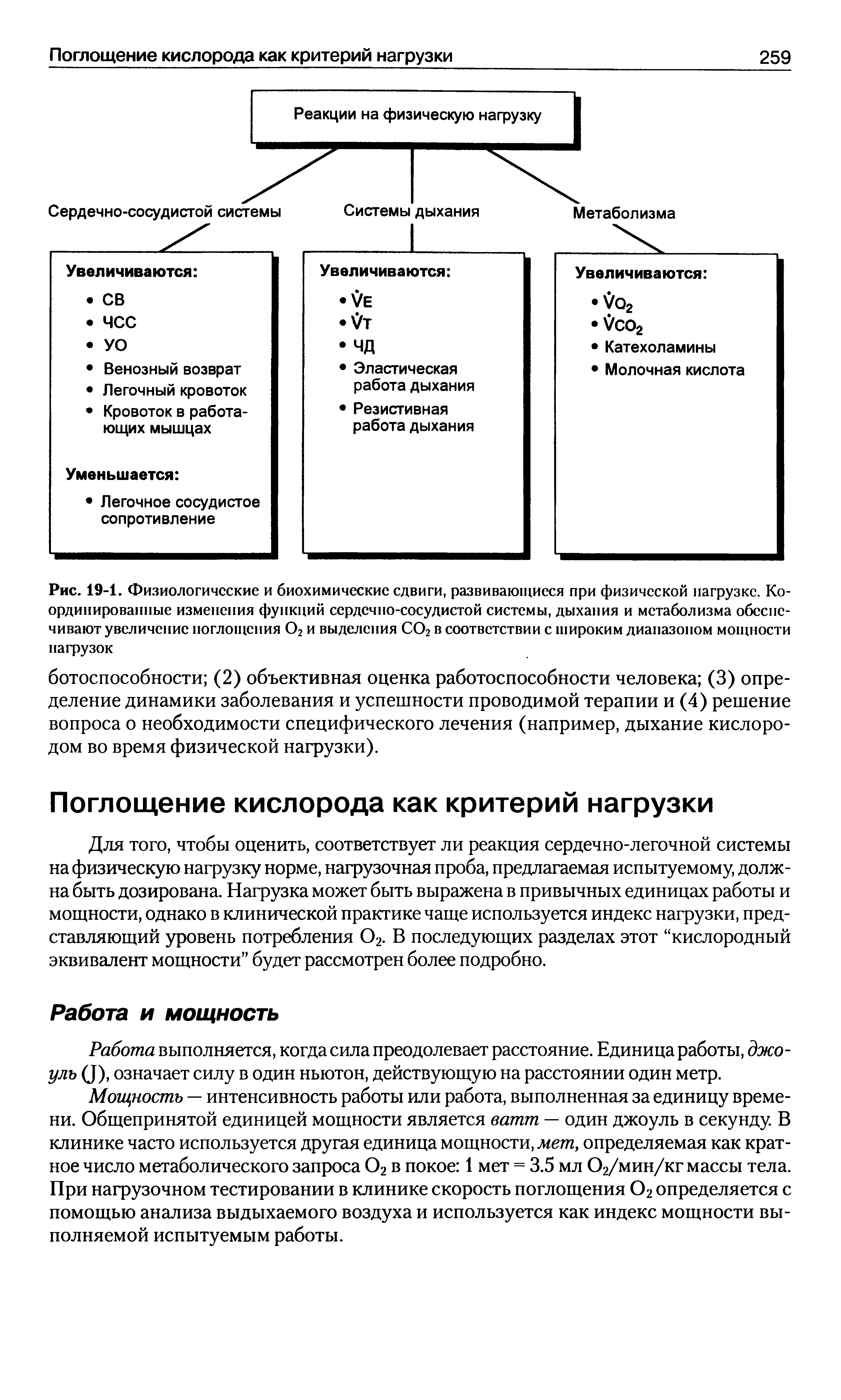 Рис. 19-1. Физиологические и биохимические сдвиги, развивающиеся при физической нагрузке. Координированные изменения функций сердечно-сосудистой системы, дыхания и метаболизма обеспечивают увеличение поглощения О2 и выделения СО2 в соответствии с широким диапазоном мощности нагрузок...