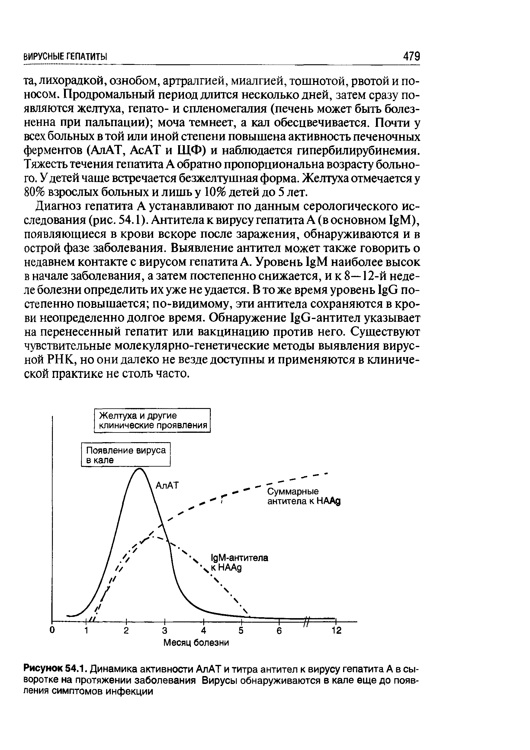 Рисунок 54.1. Динамика активности АлАТ и титра антител к вирусу гепатита А в сыворотке на протяжении заболевания Вирусы обнаруживаются в кале еще до появления симптомов инфекции...