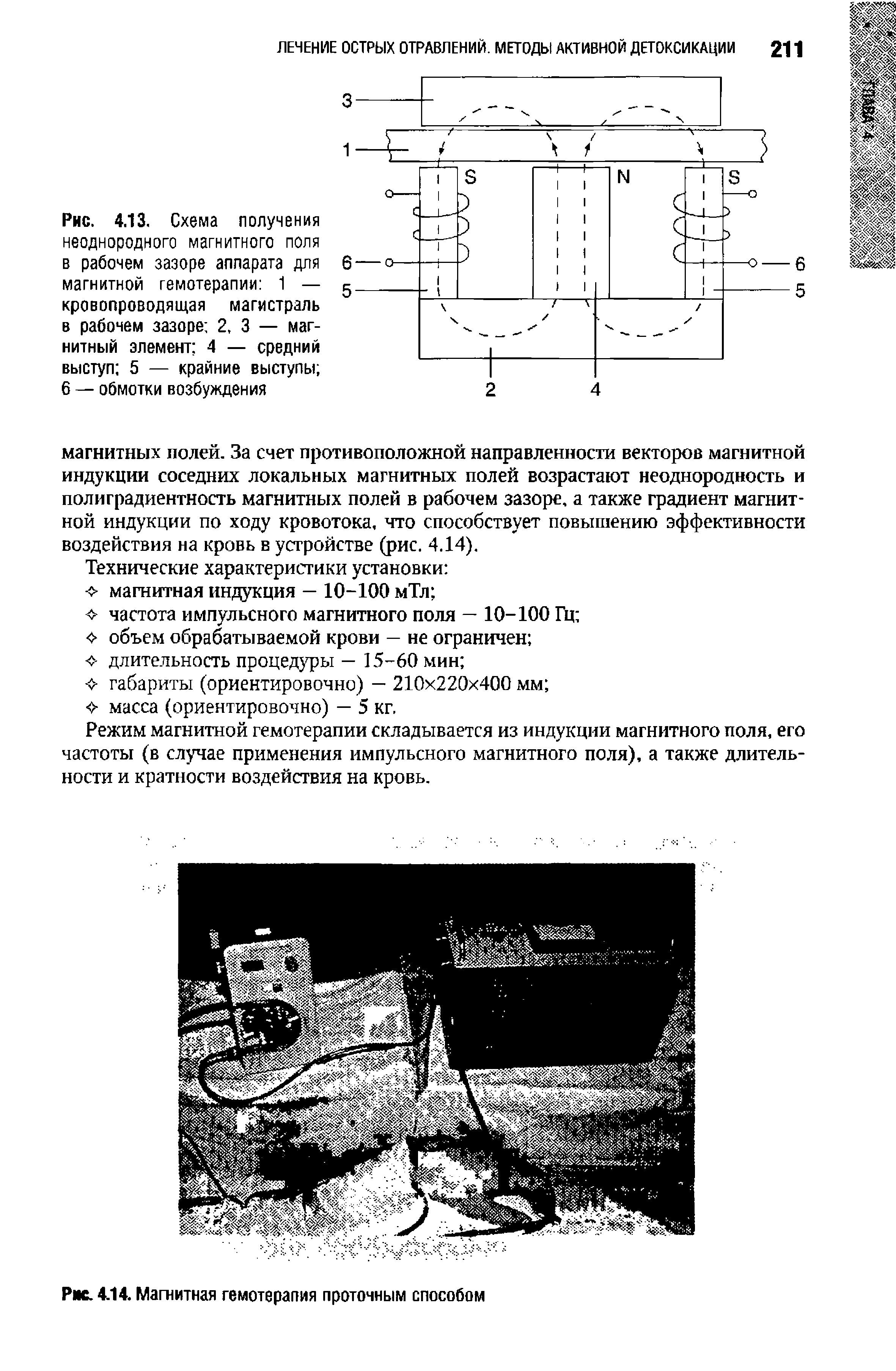 Рис. 4.13. Схема получения неоднородного магнитного поля в рабочем зазоре аппарата для магнитной гемотерапии 1 — кровопроводящая магистраль в рабочем зазоре 2, 3 — магнитный элемент 4 — средний выступ 5 — крайние выступы 6 — обмотки возбуждения...
