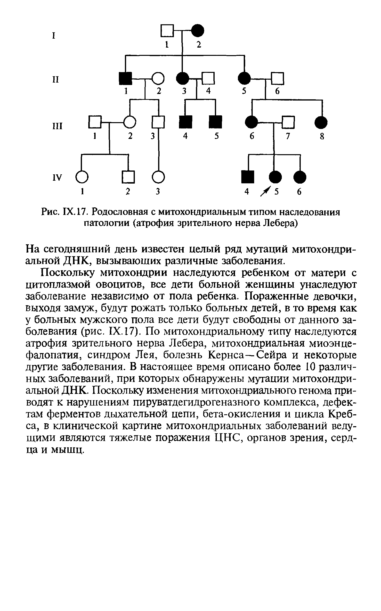 Рис. IX. 17. Родословная с митохондриальным типом наследования патологии (атрофия зрительного нерва Лебера)...