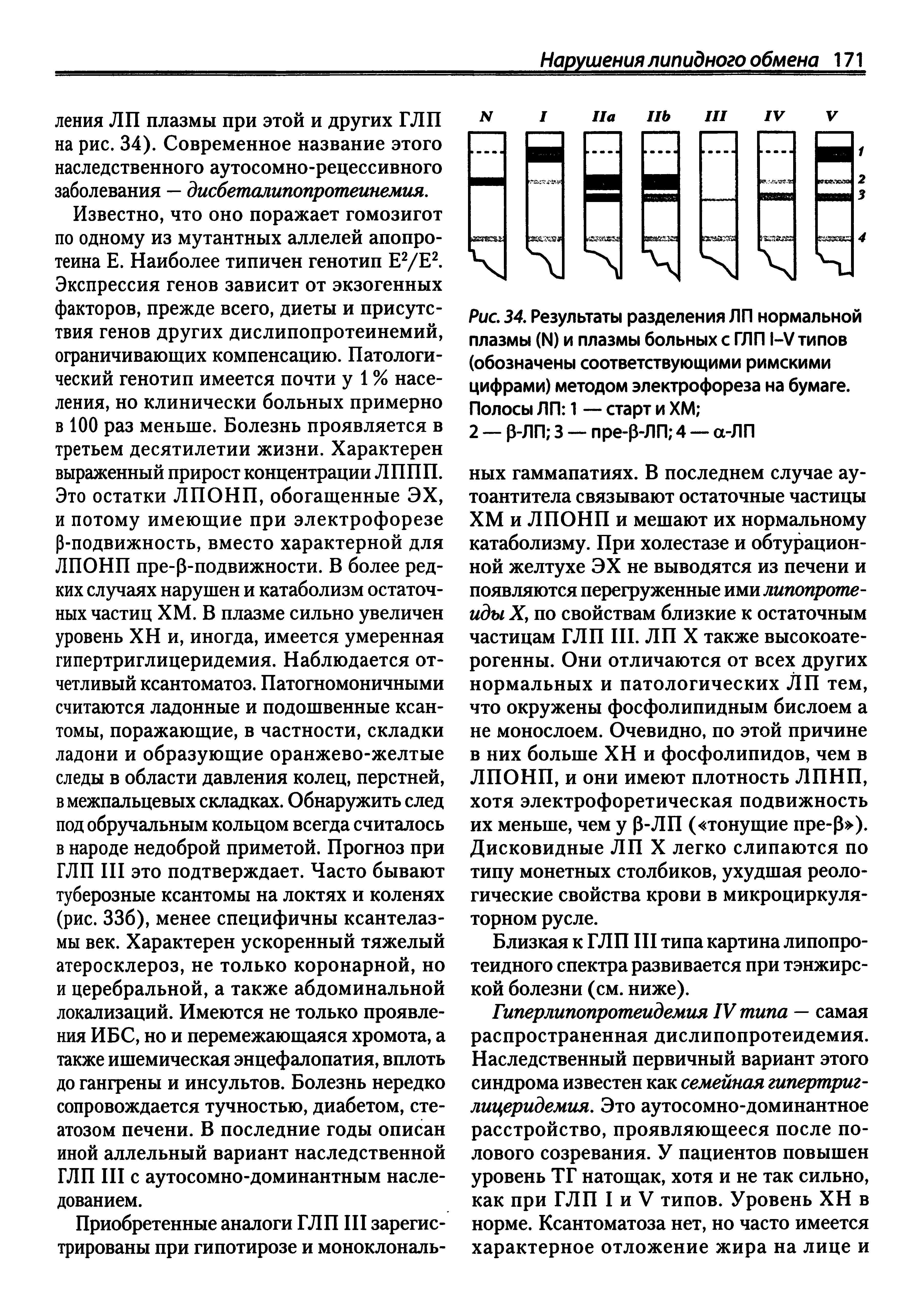 Рис. 34. Результаты разделения ЛП нормальной плазмы (1М) и плазмы больных с ГЛП I—V типов (обозначены соответствующими римскими цифрами) методом электрофореза на бумаге. Полосы ЛП 1 — старт и ХМ ...