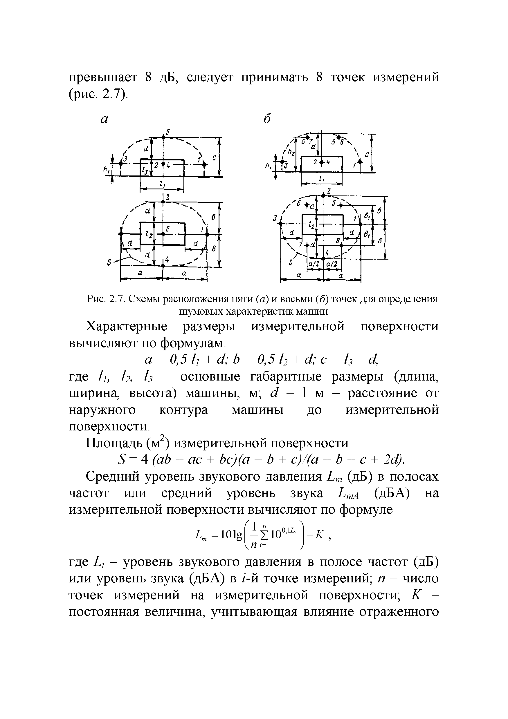 Рис. 2.7. Схемы расположения пяти (а) и восьми (б) точек для определения шумовых характеристик машин...