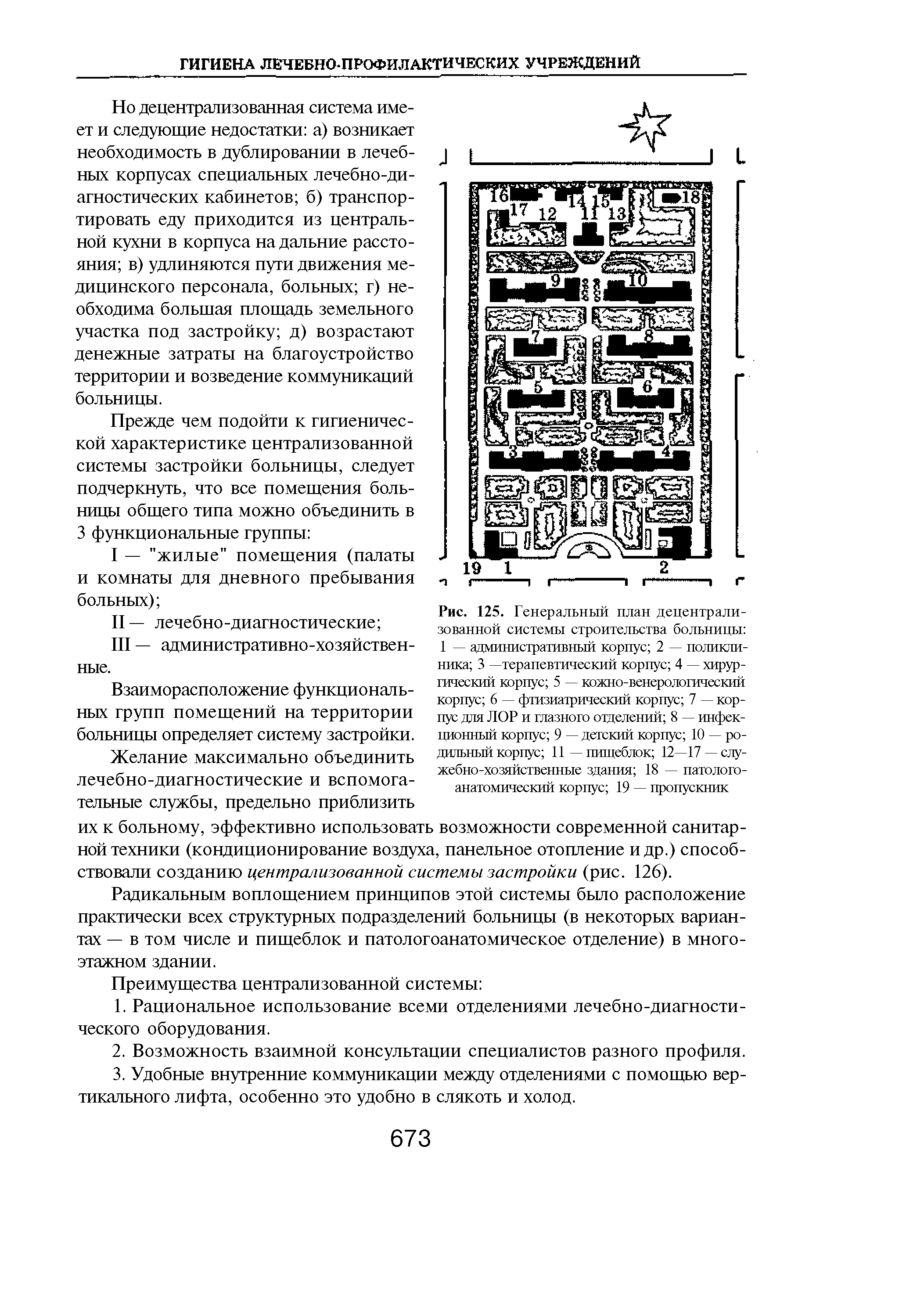 Рис. 125. Генеральный план децентрализованной системы строительства больницы 1 — административный корпус 2 — поликлиника 3 —терапевтический корпус 4 — хирургический корпус 5 — кожно-венерологический корпус 6 — фтизиатрический корпус 7 — корпус для ЛОР и глазного отделений 8 — инфекционный корпус 9 — детский корпус 10 — родильный корпус 11 — пищеблок 12—17 —служебно-хозяйственные здания 18 — патологоанатомический корпус 19 — пропускник...