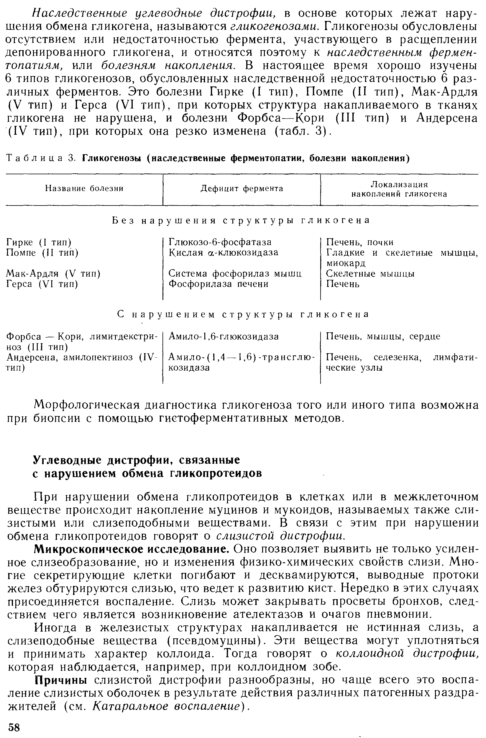 Таблица 3. Гликогенозы (наследственные ферментопатии, болезни накопления)...