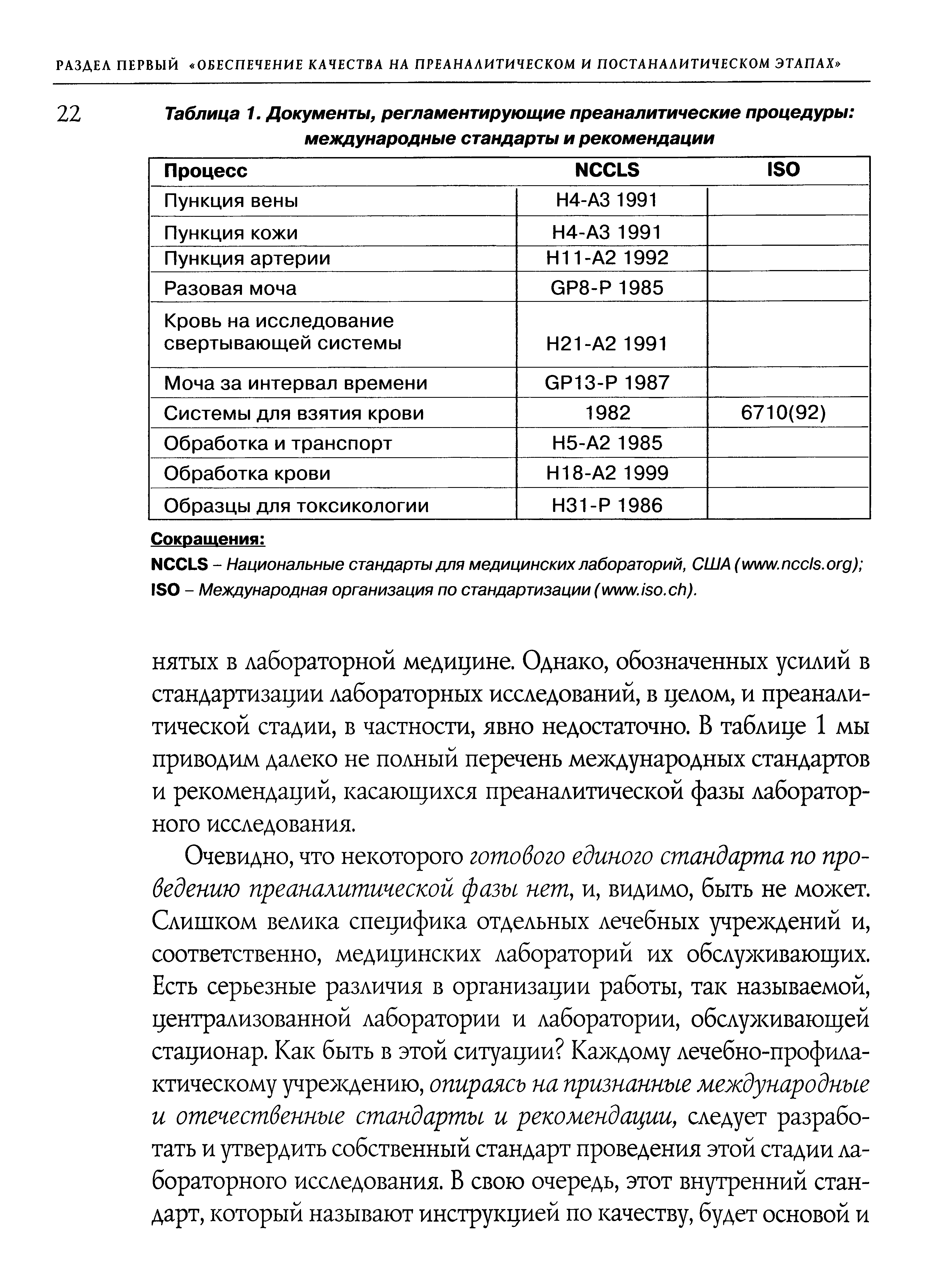 Таблица 1. Документы, регламентирующие преаналитические процедуры международные стандарты и рекомендации...