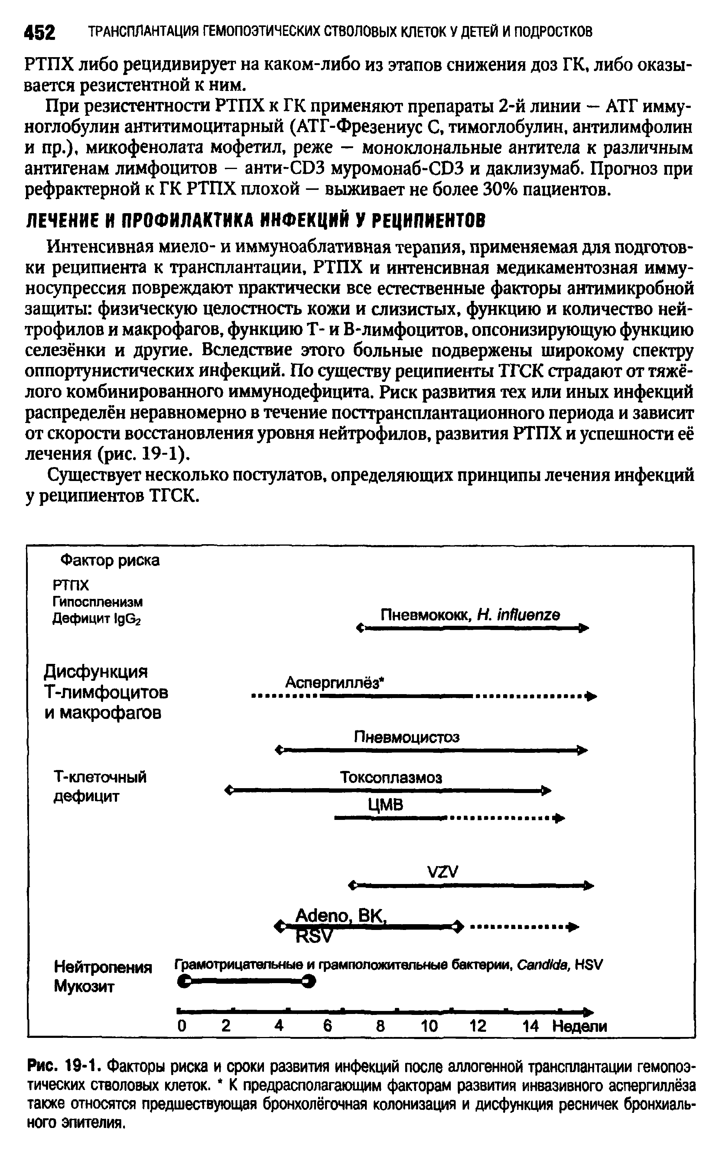 Рис. 19-1. Факторы риска и сроки развития инфекций после аллогенной трансплантации гемопоэтических стволовых клеток. К предрасполагающим факторам развития инвазивного аспергиллёза также относятся предшествующая бронхолёгочная колонизация и дисфункция ресничек бронхиального эпителия.