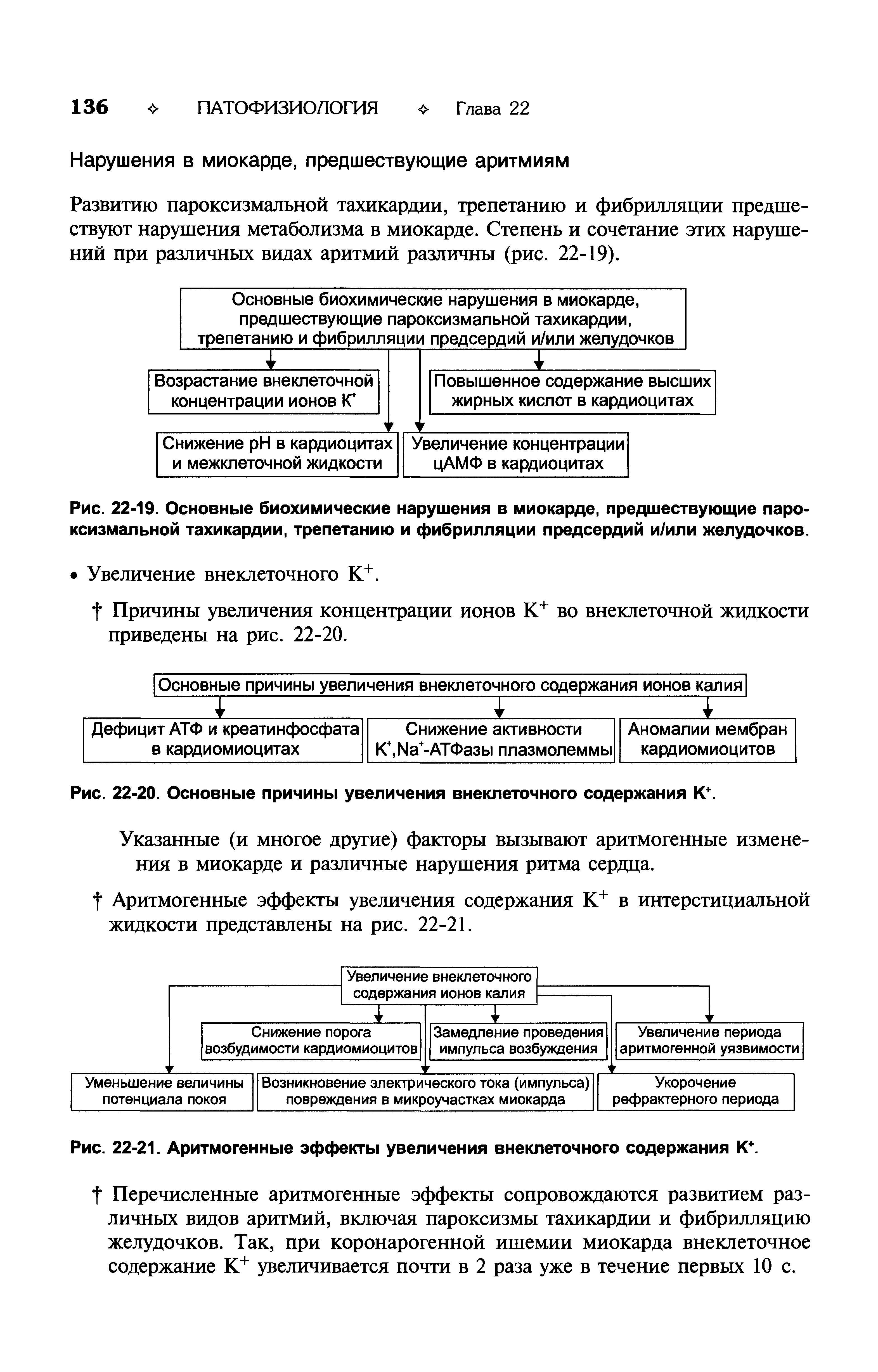 Рис. 22-19. Основные биохимические нарушения в миокарде, предшествующие пароксизмальной тахикардии, трепетанию и фибрилляции предсердий и/или желудочков.