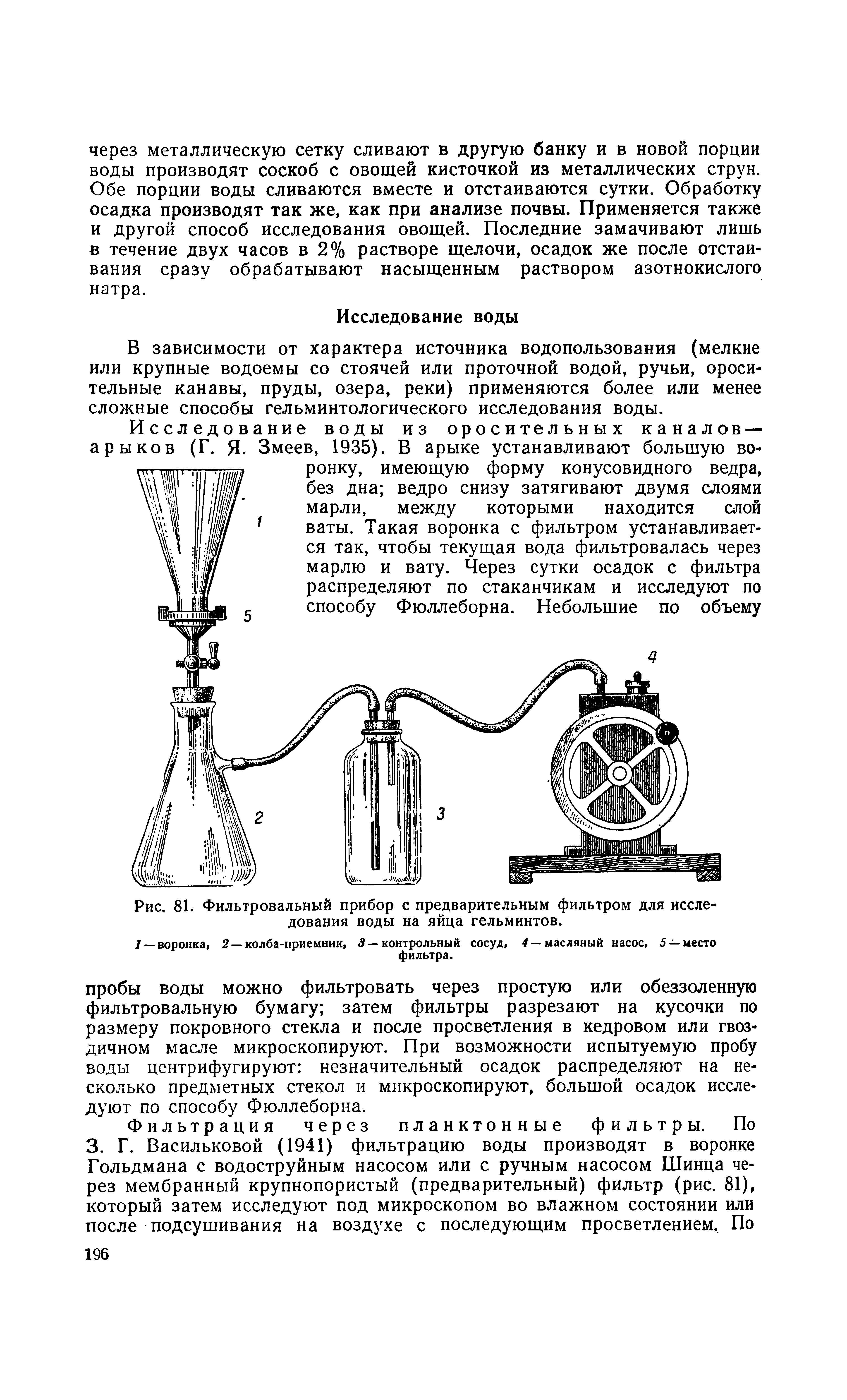 Рис. 81. Фильтровальный прибор с предварительным фильтром для исследования воды на яйца гельминтов.