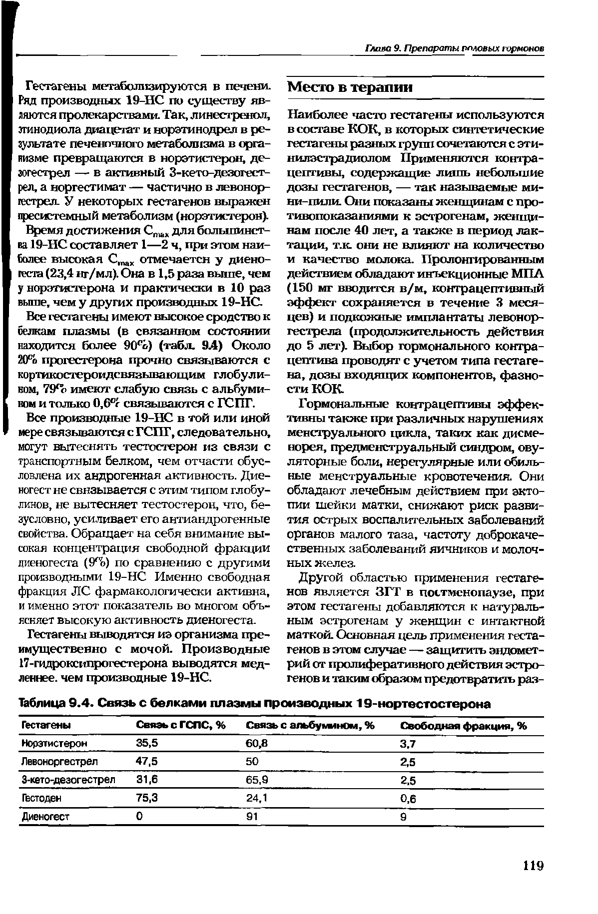 Таблица 9.4. Связь с белками плазмы производных 19-нортестостерона Гестагены Связь с ГСПС, % Связь с альбумином, % Свободная фракция, %...