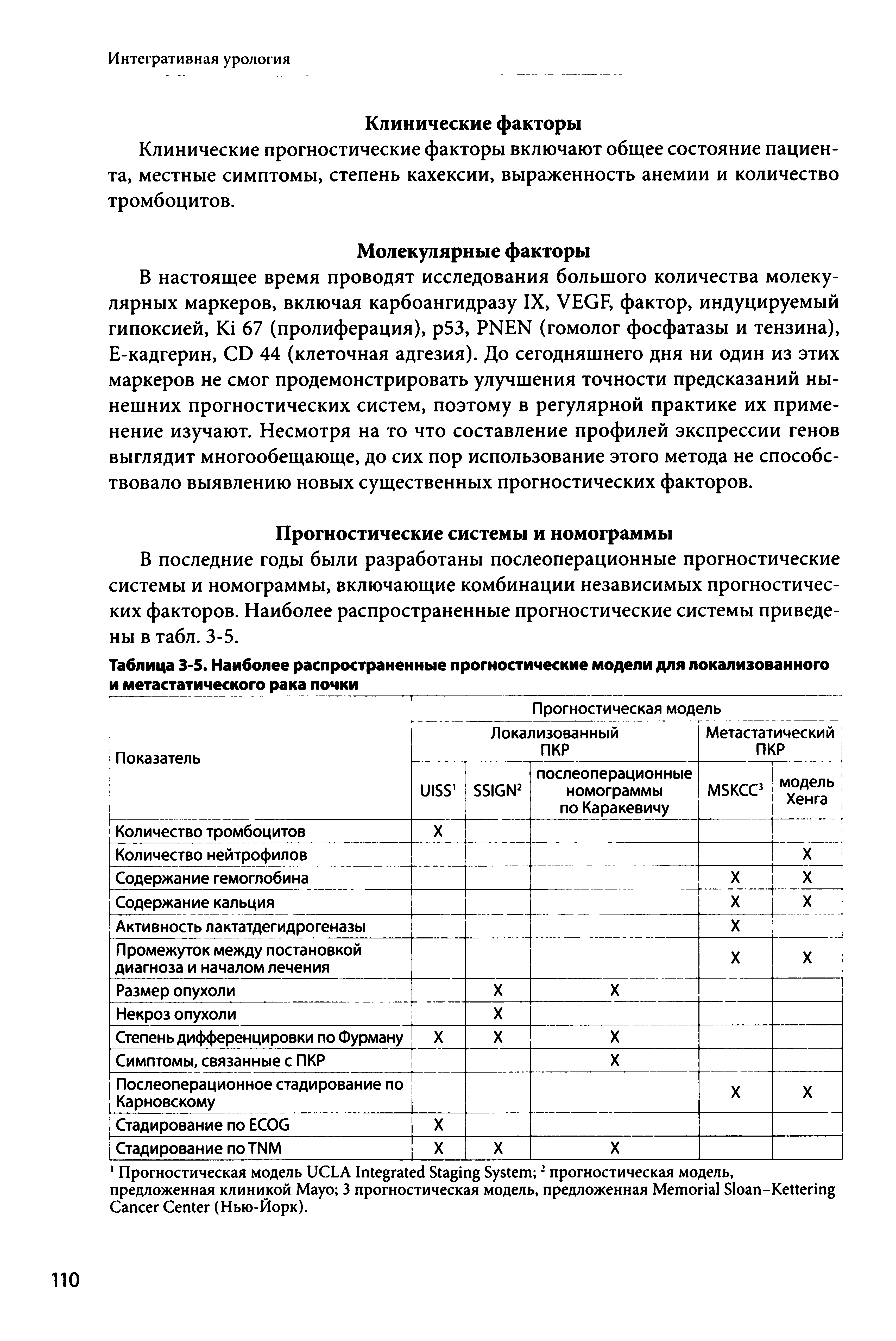 Таблица 3-5. Наиболее распространенные прогностические модели для локализованного и метастатического рака почки ...