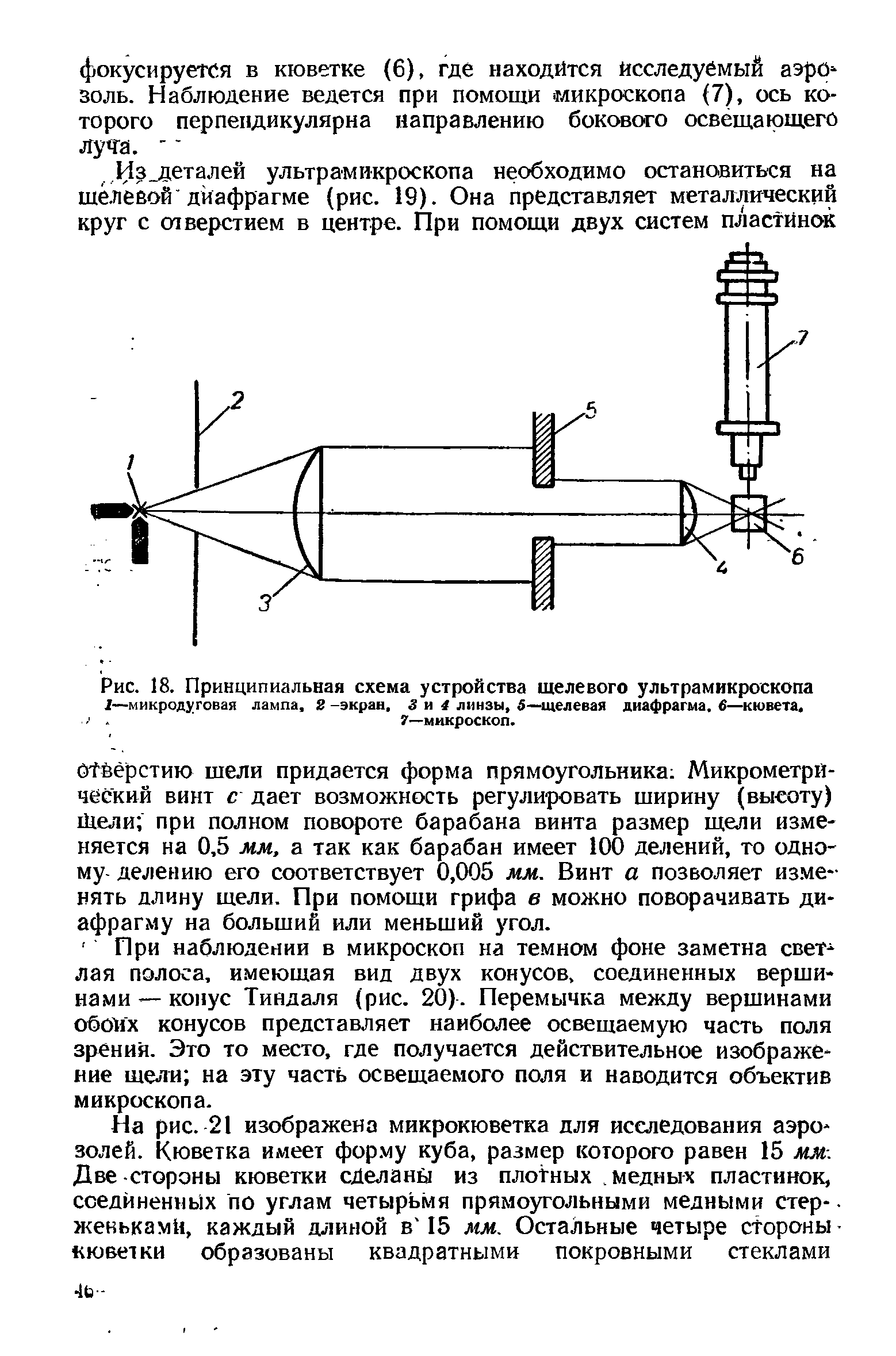 Рис. 18. Принципиальная схема устройства щелевого ультрамикроскопа 1—микродуговая лампа, 2 -экран, 3 и 4 линзы, 5—щелевая диафрагма. 6—кювета, 7—микроскоп.