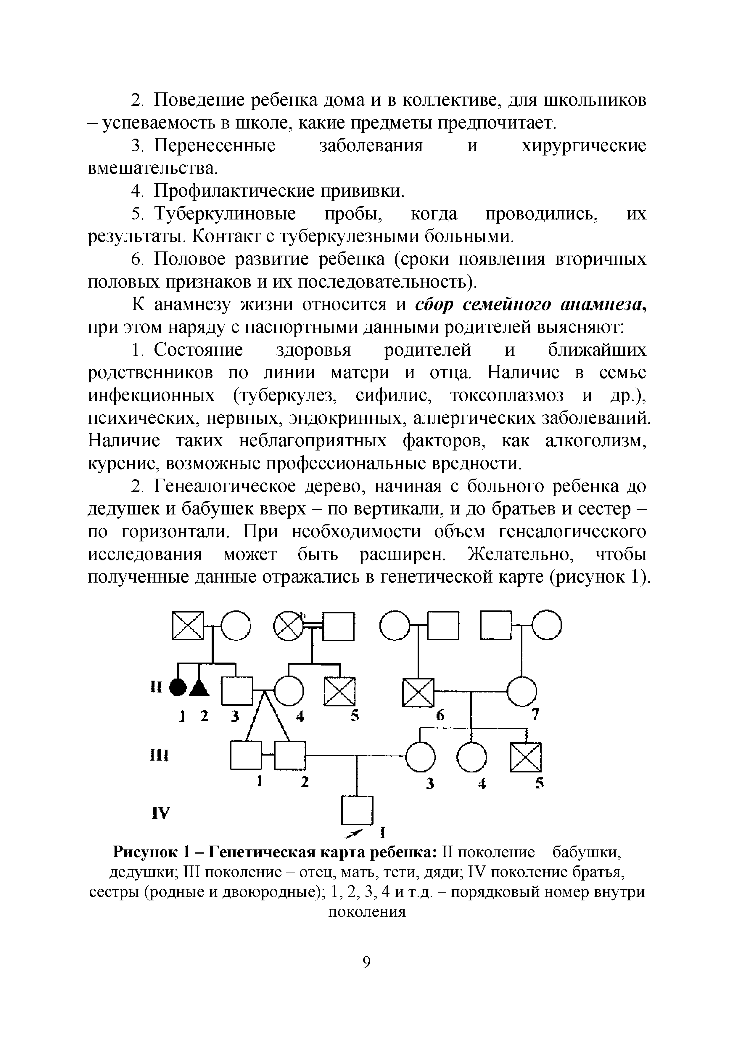 Рисунок 1 - Генетическая карта ребенка II поколение - бабушки, дедушки III поколение - отец, мать, тети, дяди IV поколение братья, сестры (родные и двоюродные) 1, 2, 3, 4 и т.д. - порядковый номер внутри поколения...