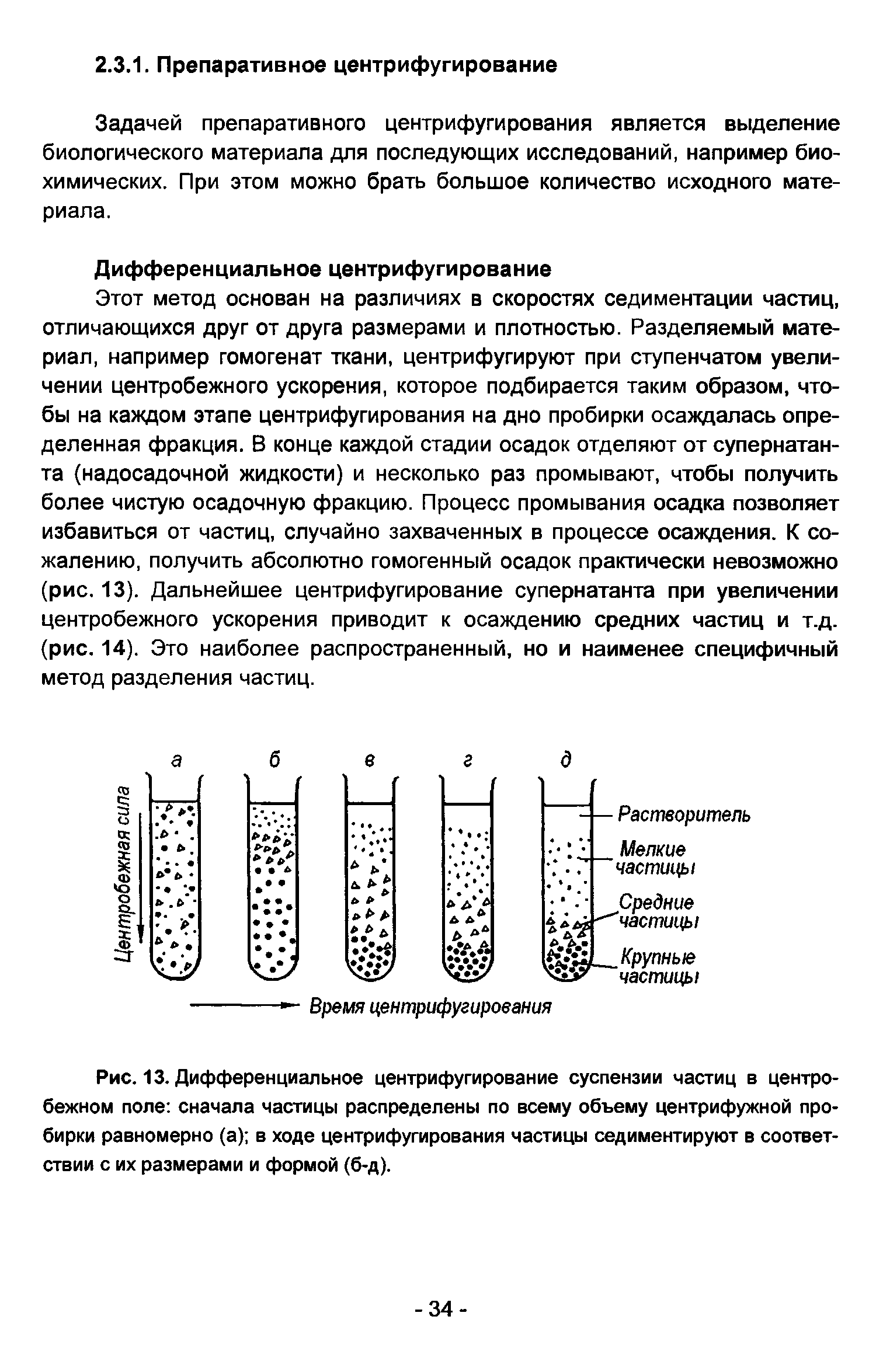 Рис. 13. Дифференциальное центрифугирование суспензии частиц в центробежном поле сначала частицы распределены по всему объему центрифужной пробирки равномерно (а) в ходе центрифугирования частицы седиментируют в соответствии с их размерами и формой (б-д).