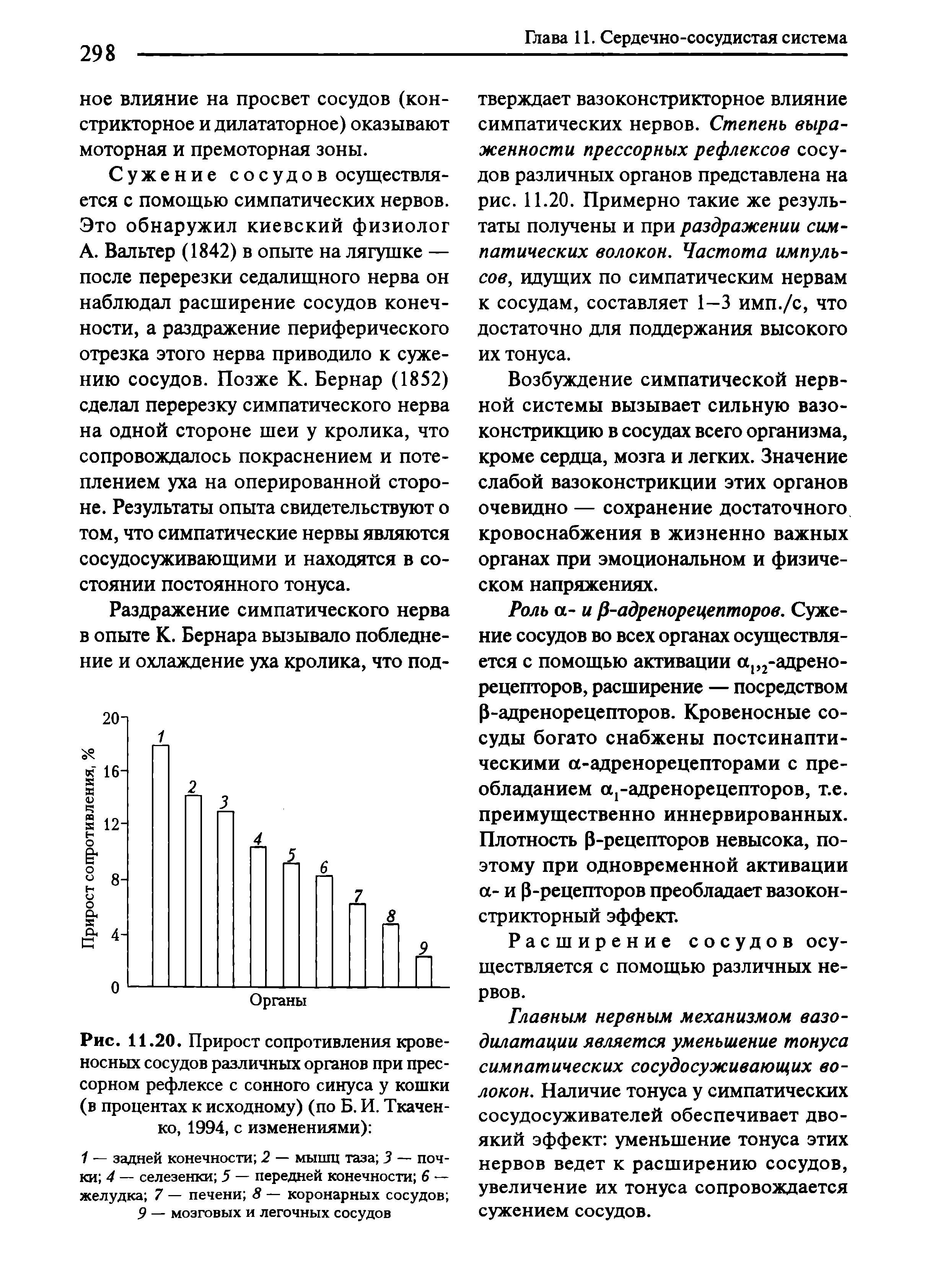 Рис. 11.20. Прирост сопротивления кровеносных сосудов различных органов при прессорном рефлексе с сонного синуса у кошки (в процентах к исходному) (по Б. И. Ткаченко, 1994, с изменениями) ...