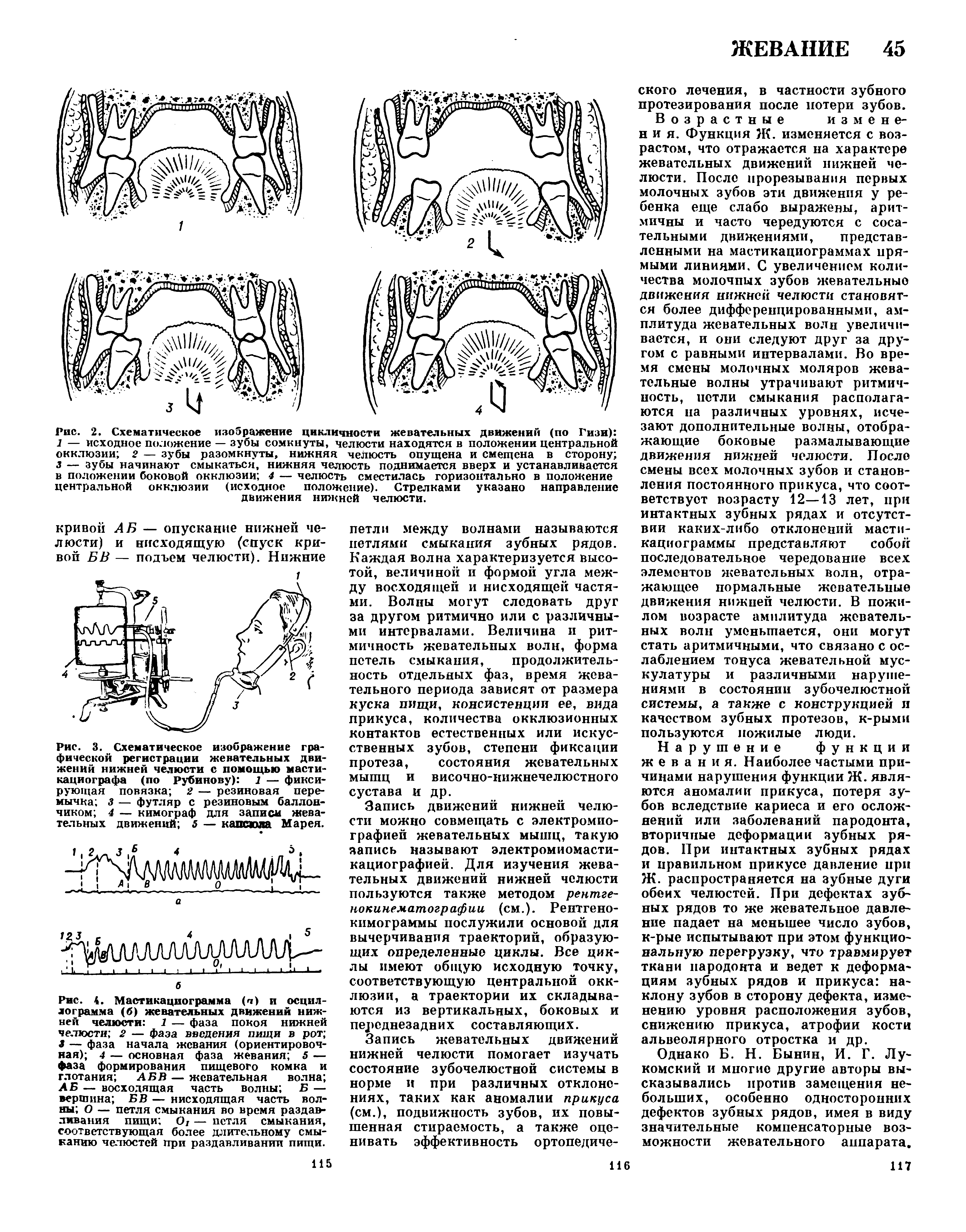 Рис. 3. Схематическое изображение графической регистрации жевательных движений нижней челюсти с помощью масти-кациографа (по Рубинову) 1 — фиксирующая повязка 2 — резиновая перемычка 3 — футляр с резиновым баллончиком 4 — кимограф для записи жевательных движений 5 — капсюла Марея.