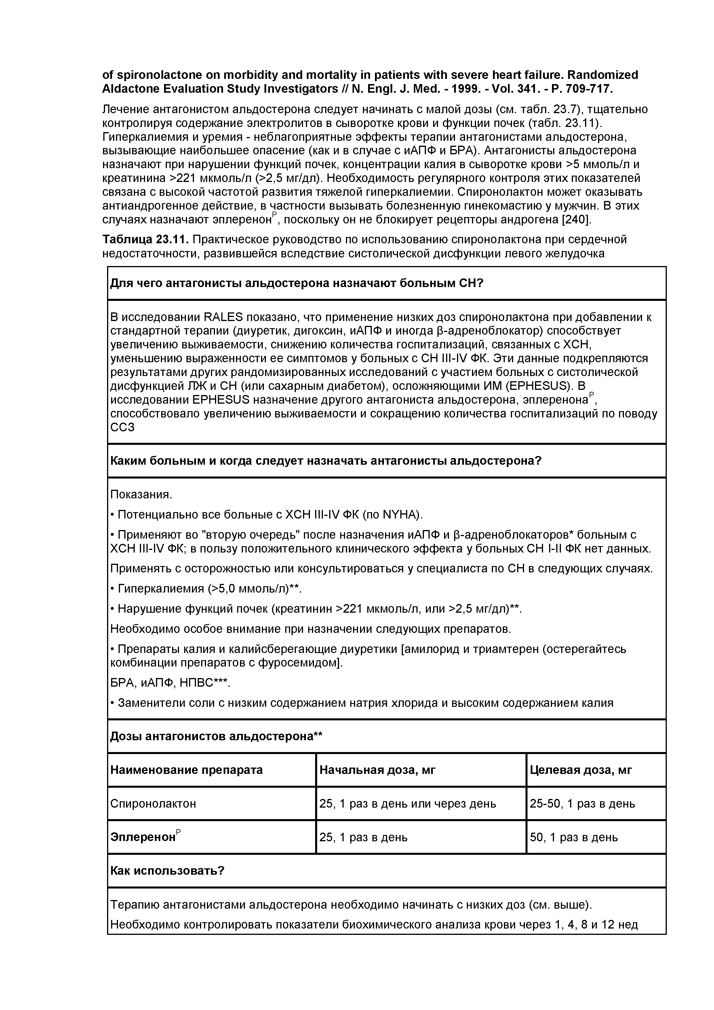 Таблица 23.11. Практическое руководство по использованию спиронолактона при сердечной недостаточности, развившейся вследствие систолической дисфункции левого желудочка...